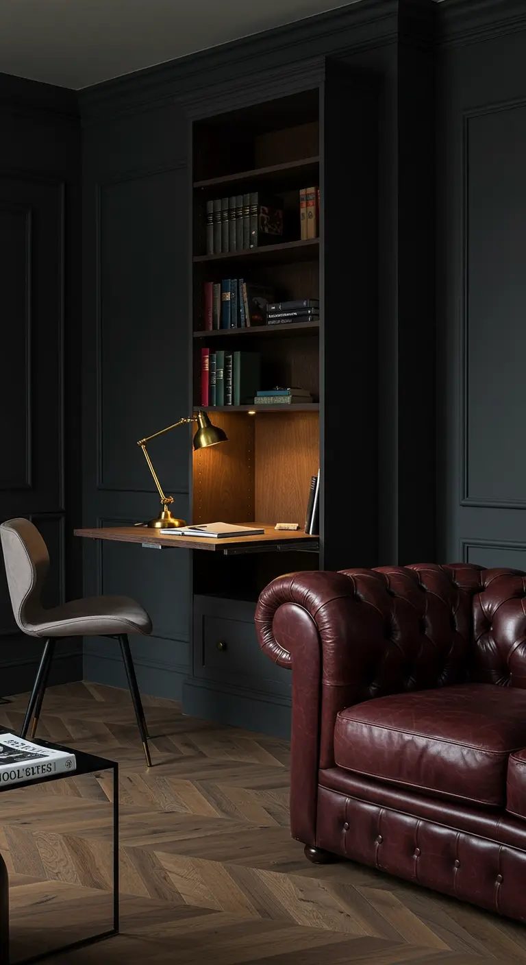 Scrivania a ribalta in legno integrata in una libreria scura in stile classico.