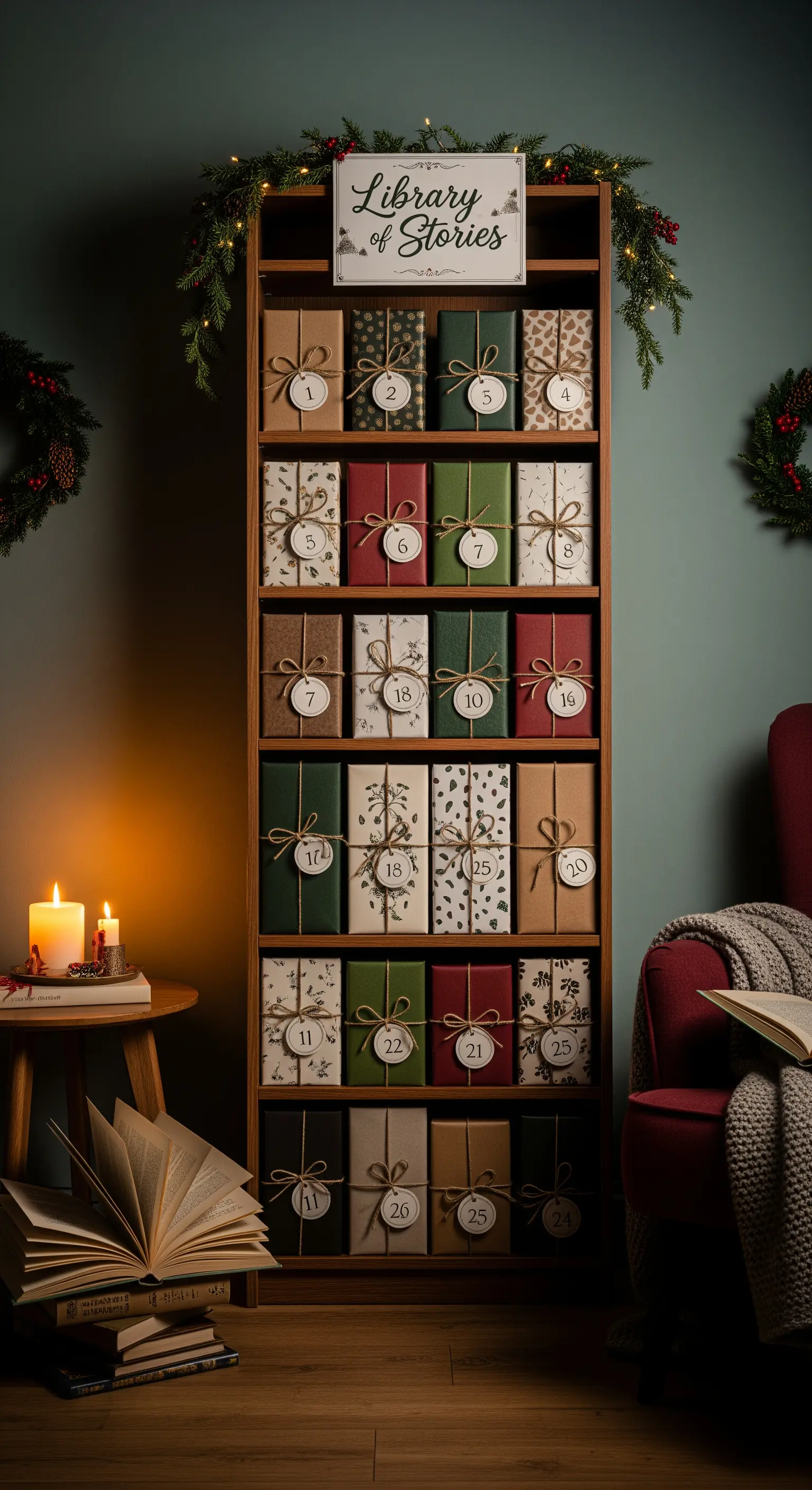 Libreria usata come calendario dell'Avvento con 24 libri impacchettati e numerati.