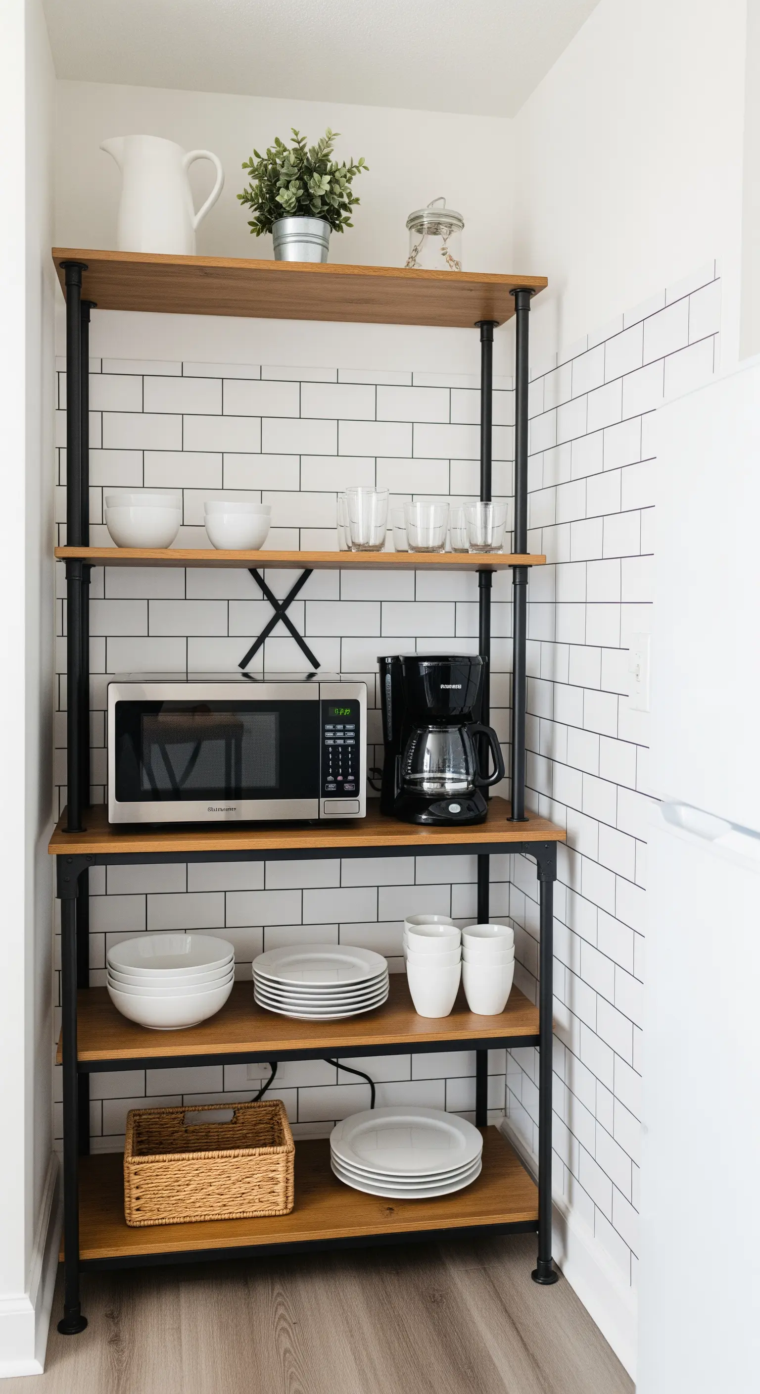 Scaffalatura in stile industriale con ripiani in legno per stoviglie ed elettrodomestici.