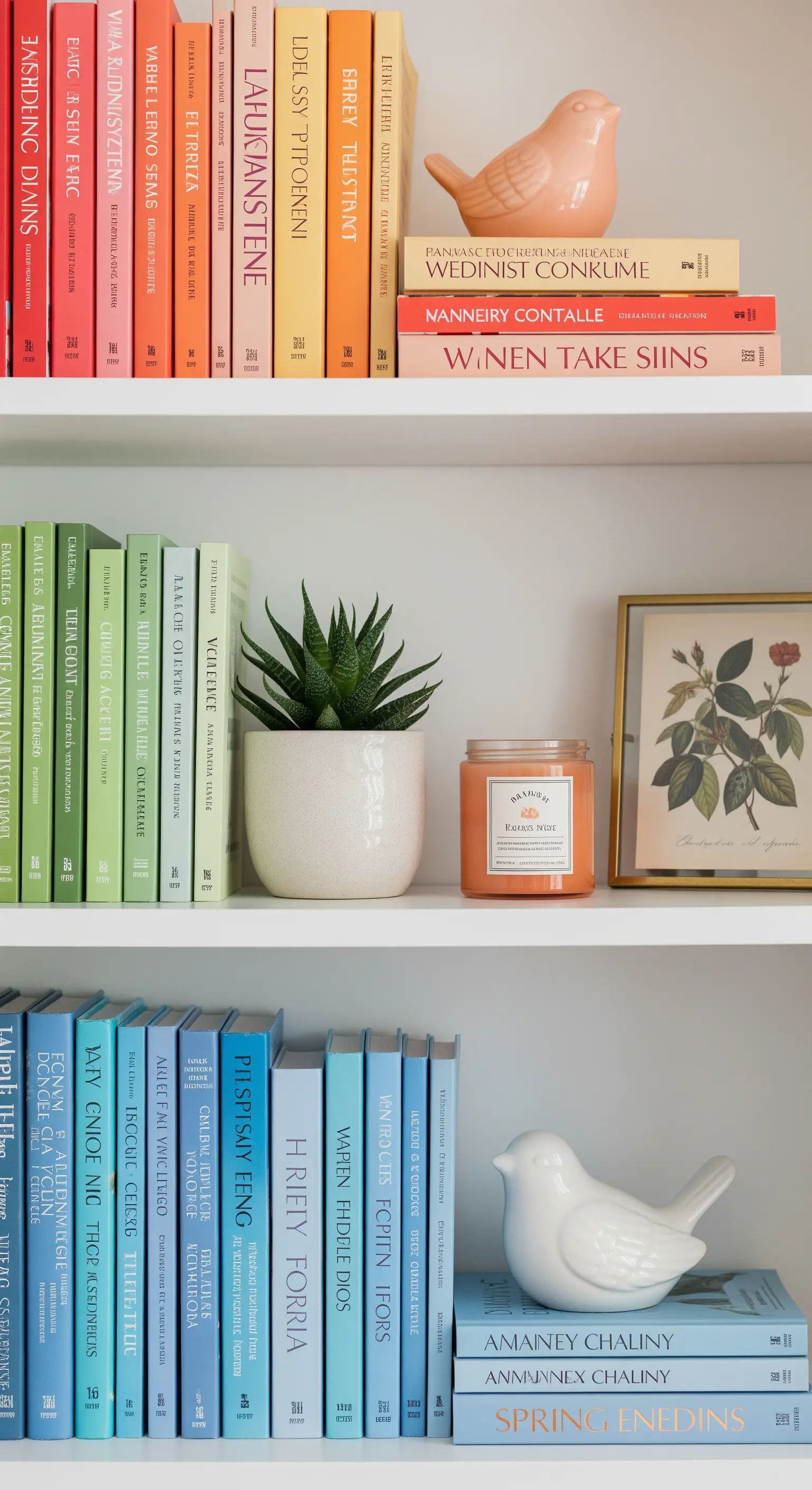 Libreria con libri organizzati per colore, creando un effetto arcobaleno.