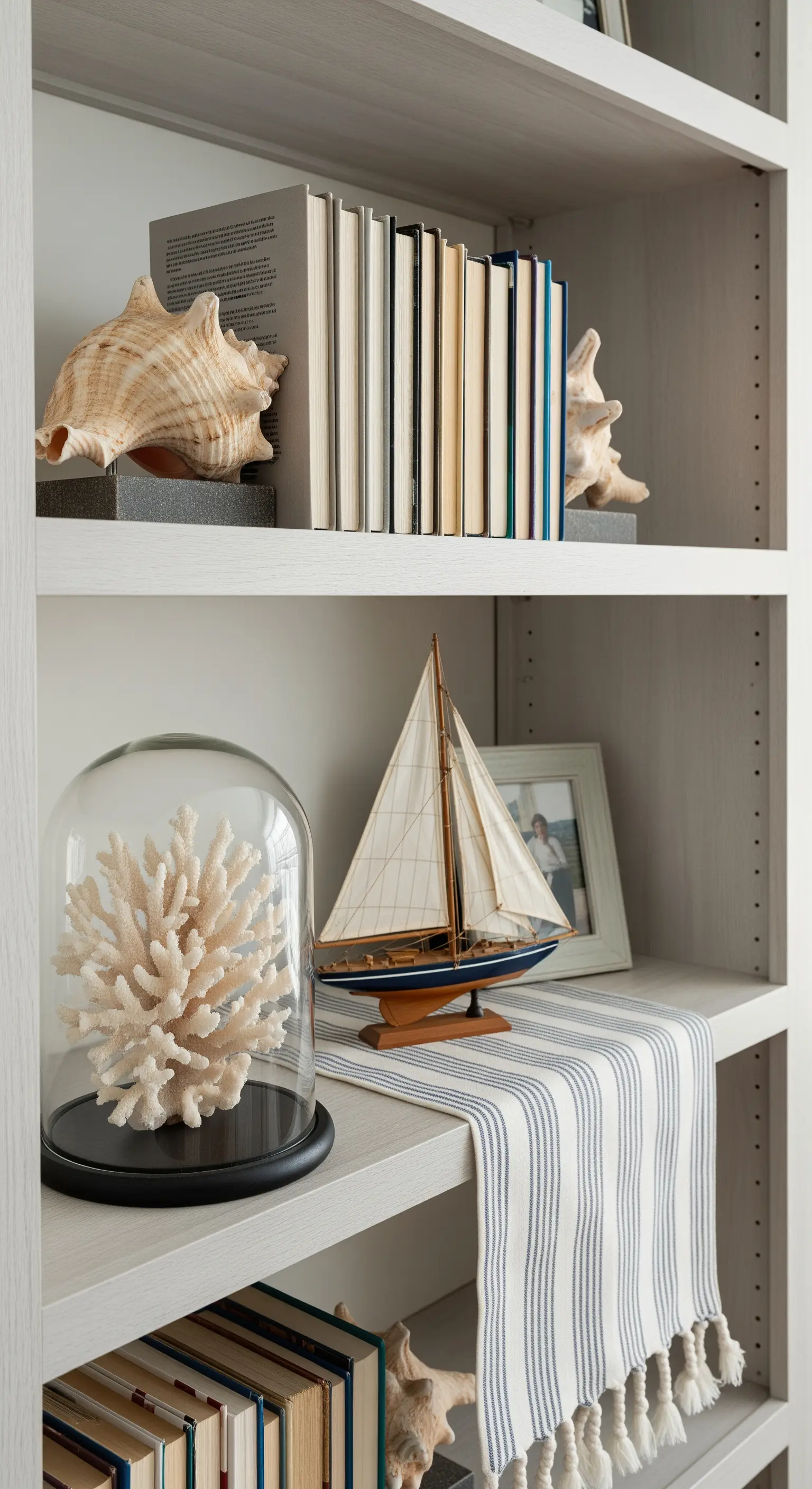 Libreria in legno chiaro con libri, conchiglie usate come fermalibri e un modellino di barca.