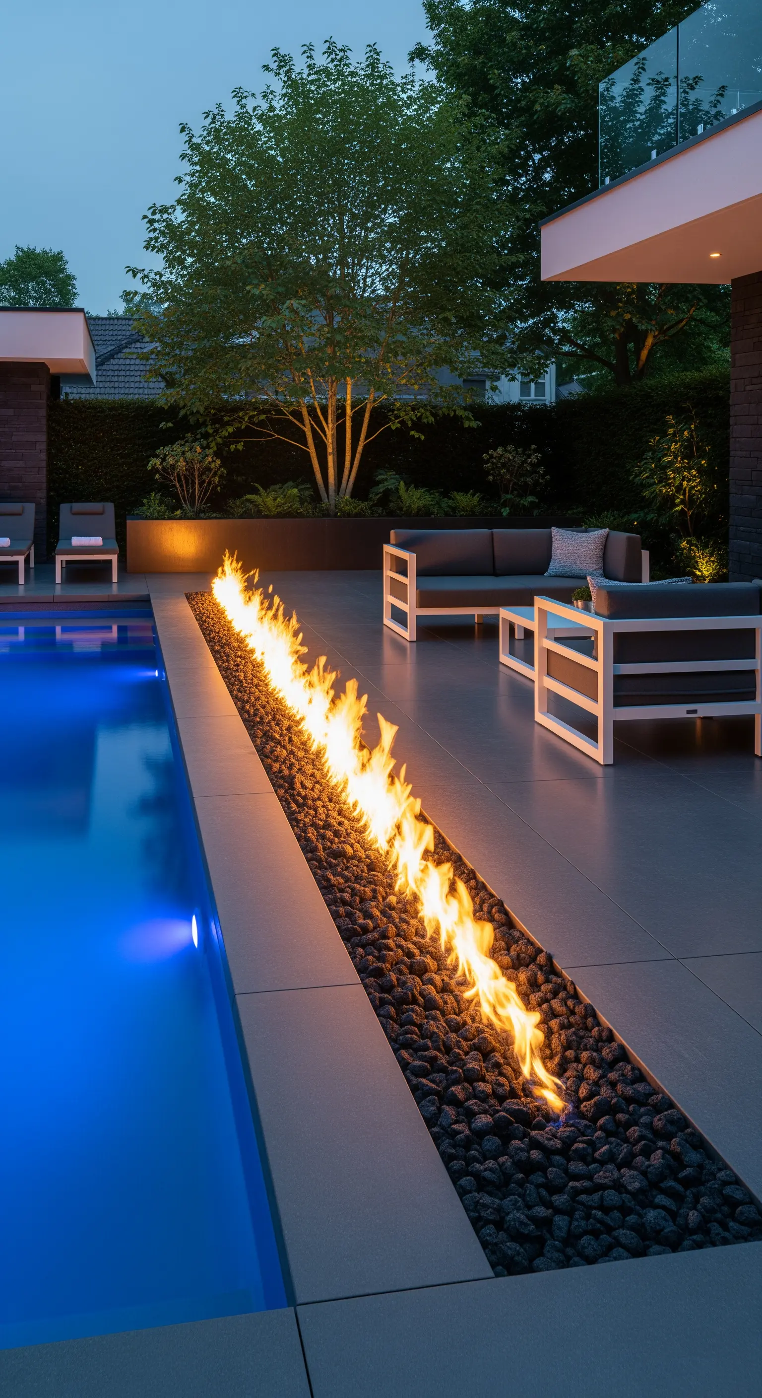 Braciere lineare a gas con fiamma viva lungo il bordo di una piscina di notte