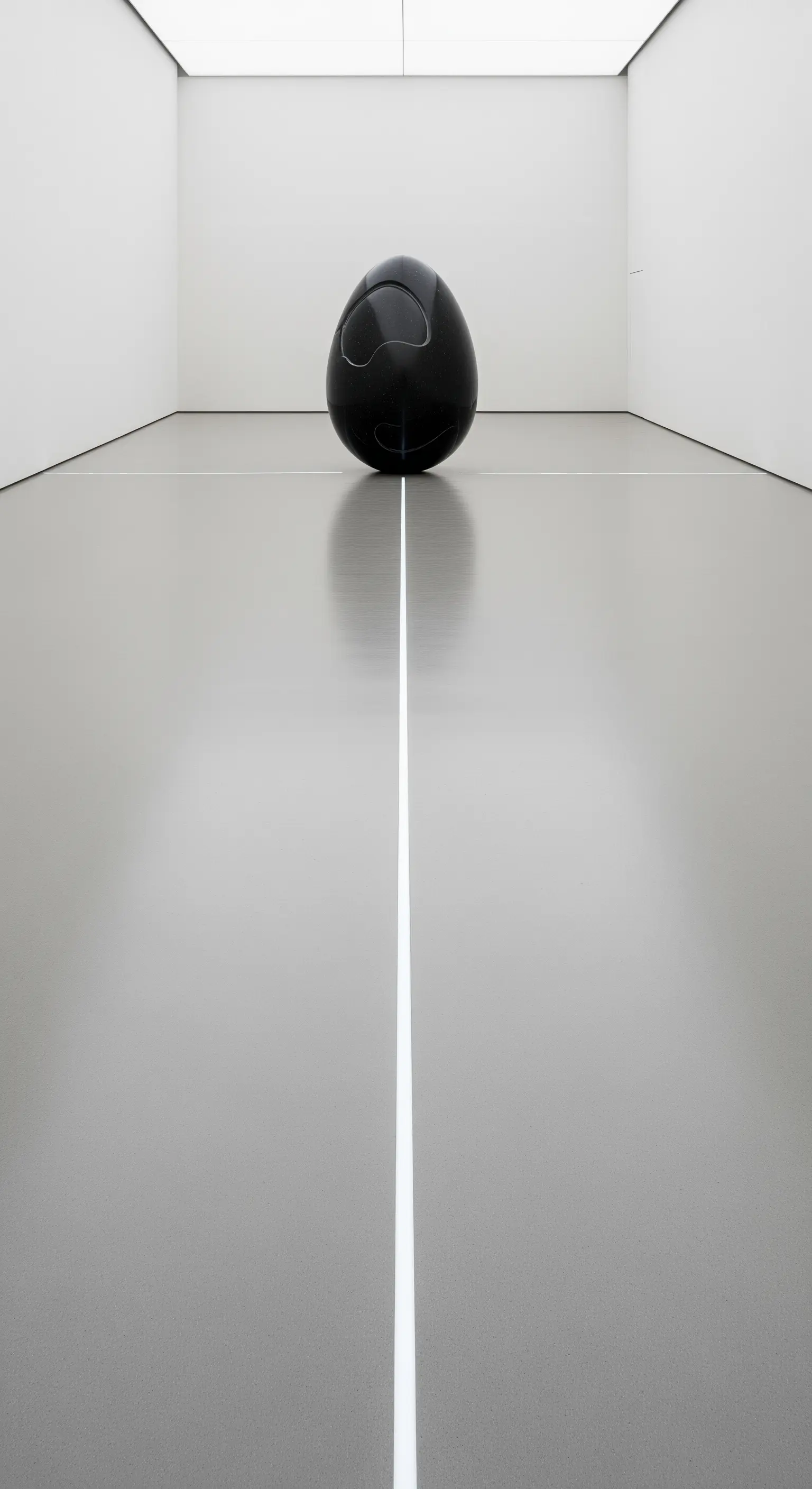 Scultura ovoidale nera in uno spazio minimalista con una linea di luce a LED incassata nel pavimento.