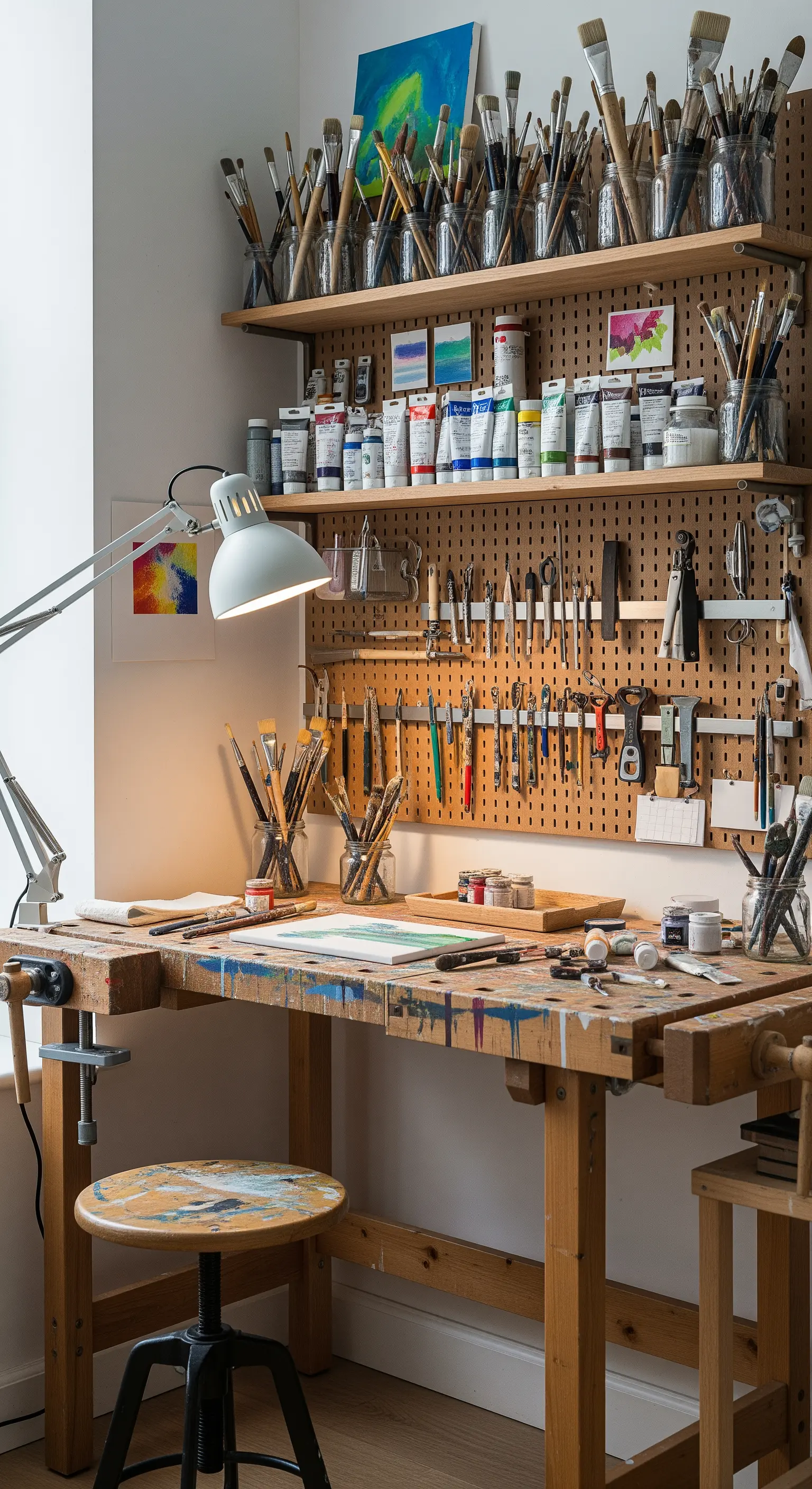 Banco da lavoro per artista con un pannello forato per organizzare pennelli e attrezzi.
