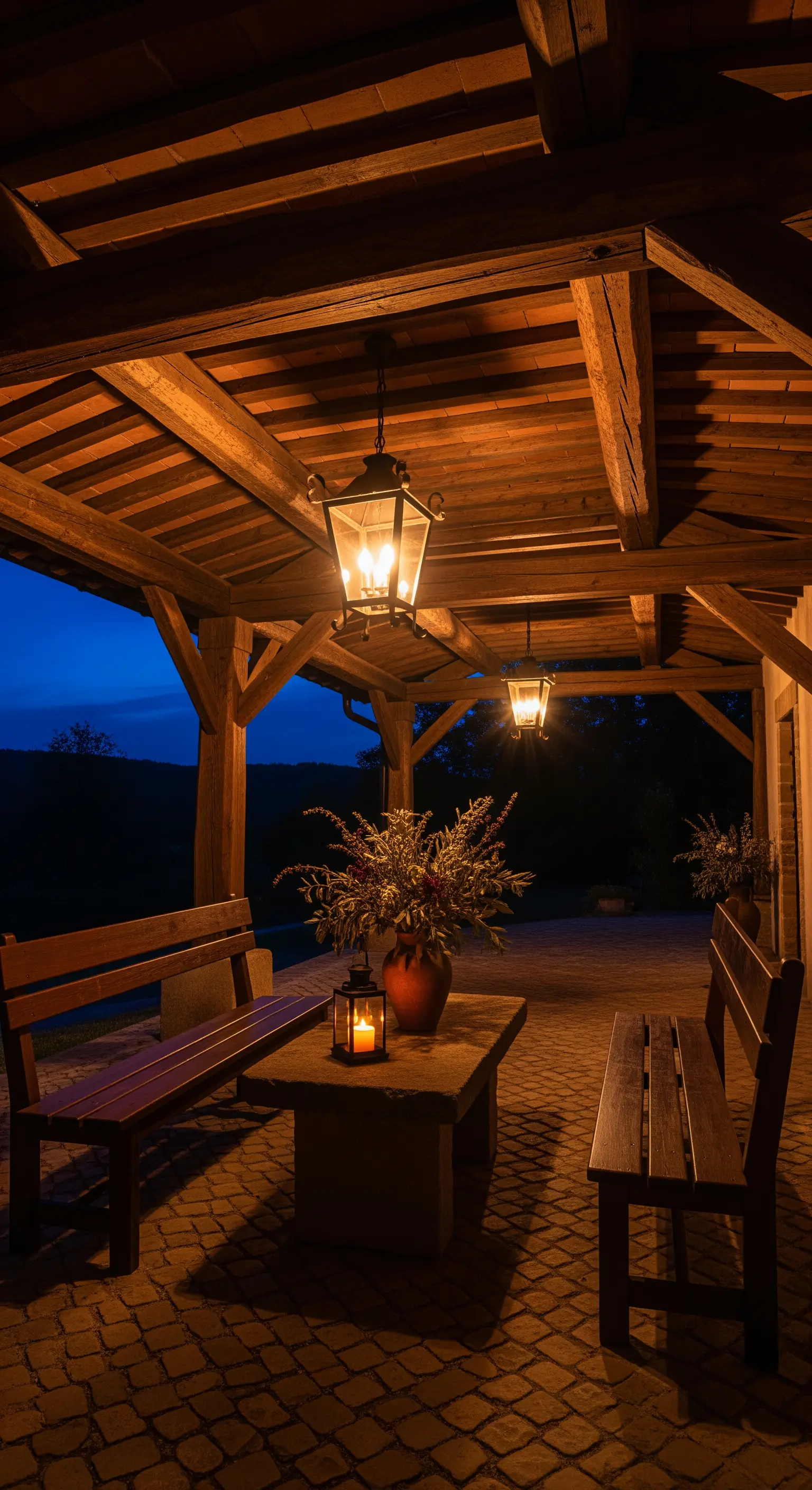 Portico rustico illuminato di notte da lanterne calde appese e una candela su un tavolo in pietra.