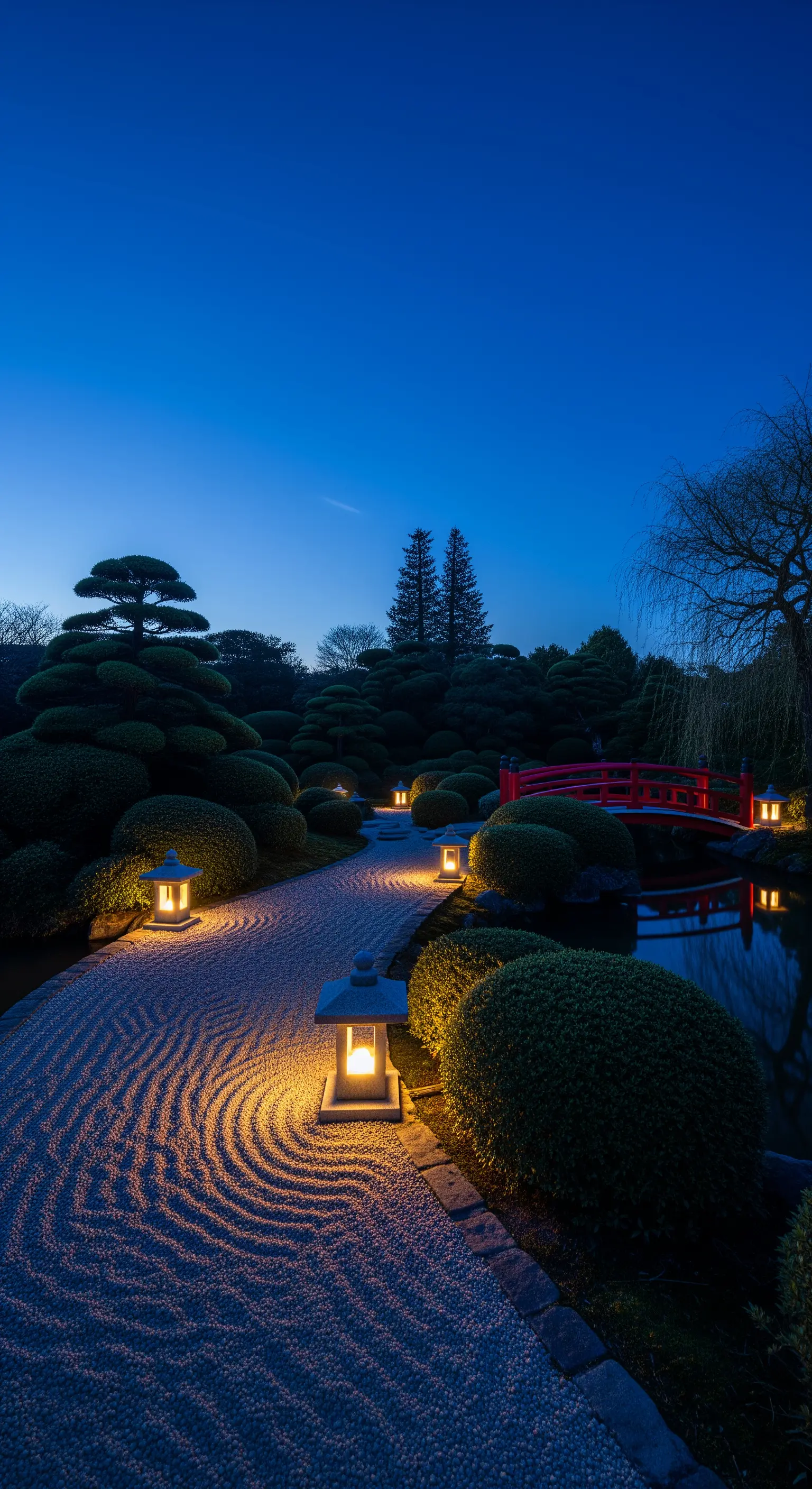 Sentiero di ghiaia rastrellata illuminato da lanterne giapponesi in pietra al crepuscolo.