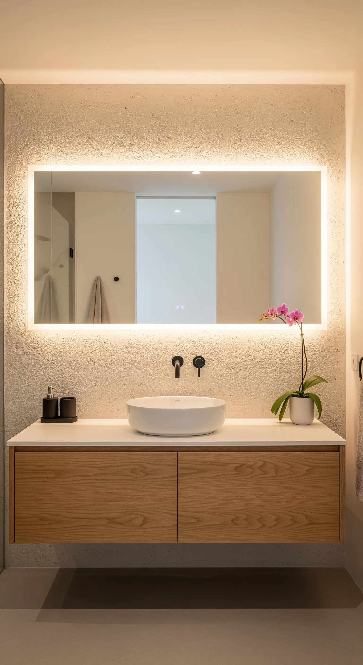 Specchio retroilluminato orizzontale su parete texturizzata e mobile in legno.