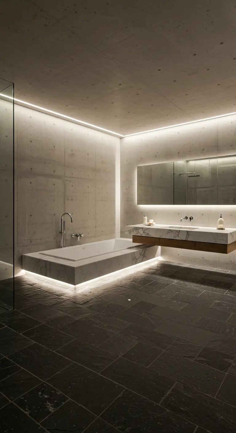 Vasca in marmo bianco con illuminazione a LED integrata alla base, in un bagno di cemento.