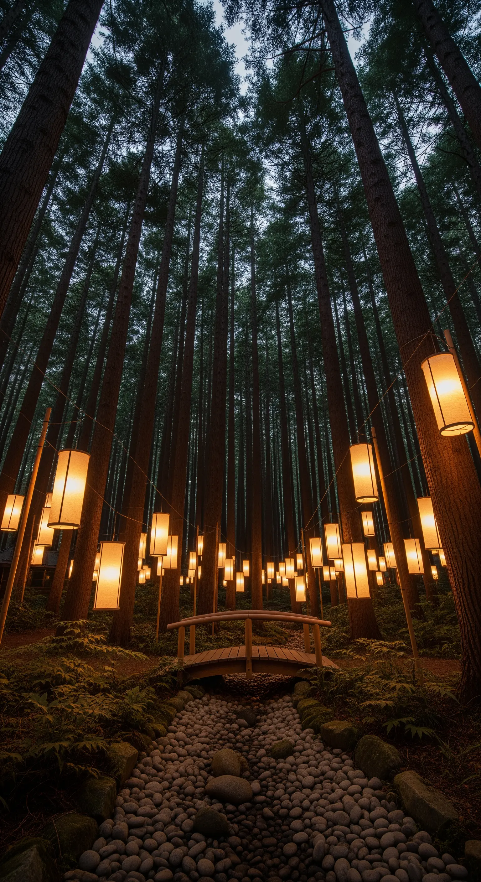 Sentiero in una foresta di alti alberi, illuminato da lanterne di carta rettangolari.