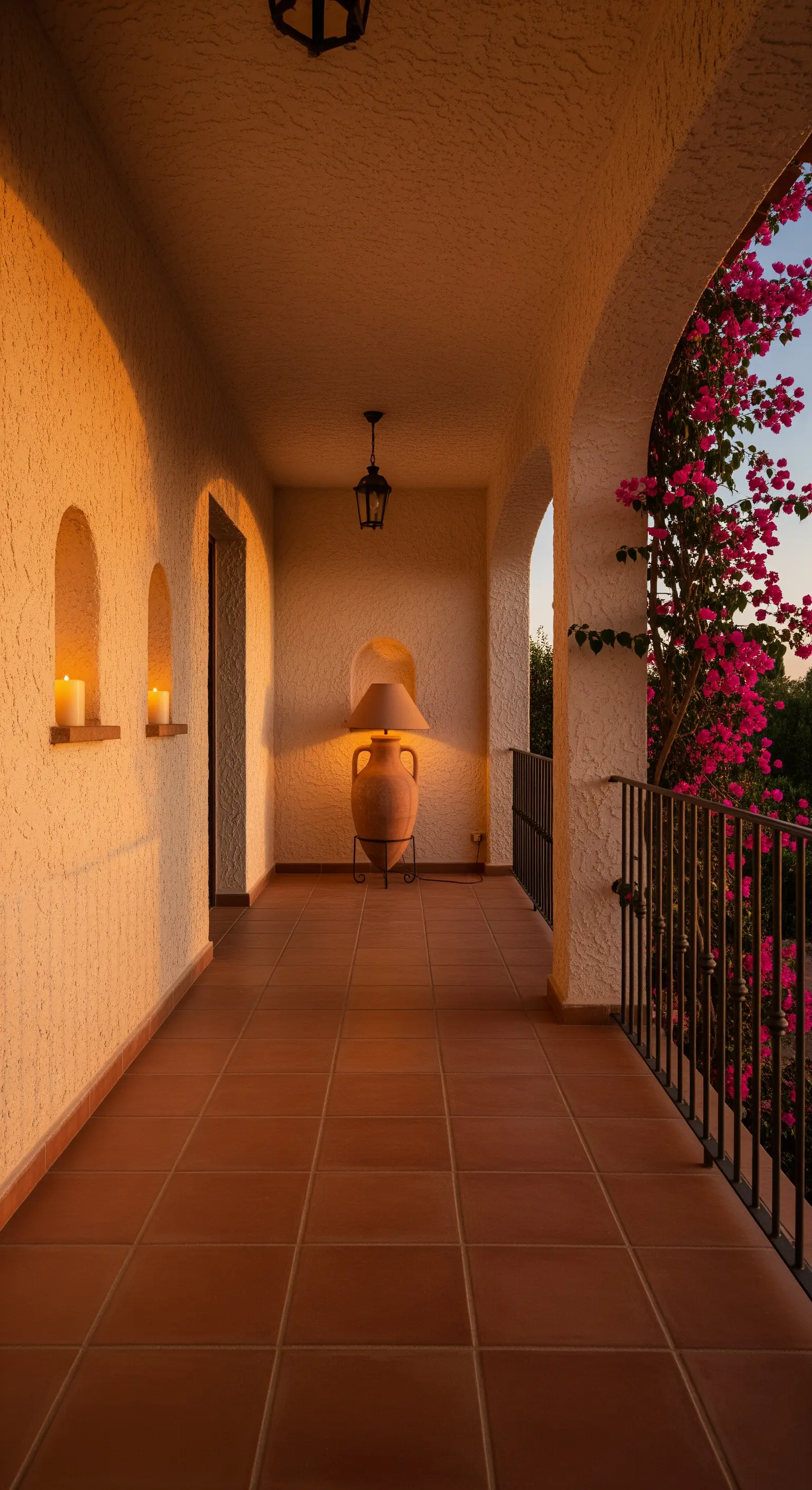 Portico mediterraneo con archi, bouganville e una lampada da terra ricavata da un'anfora.