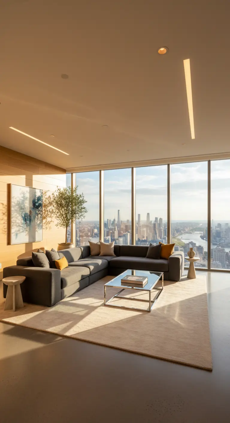 Soggiorno in un attico con divano grigio a L e tavolino in vetro davanti a grandi vetrate.