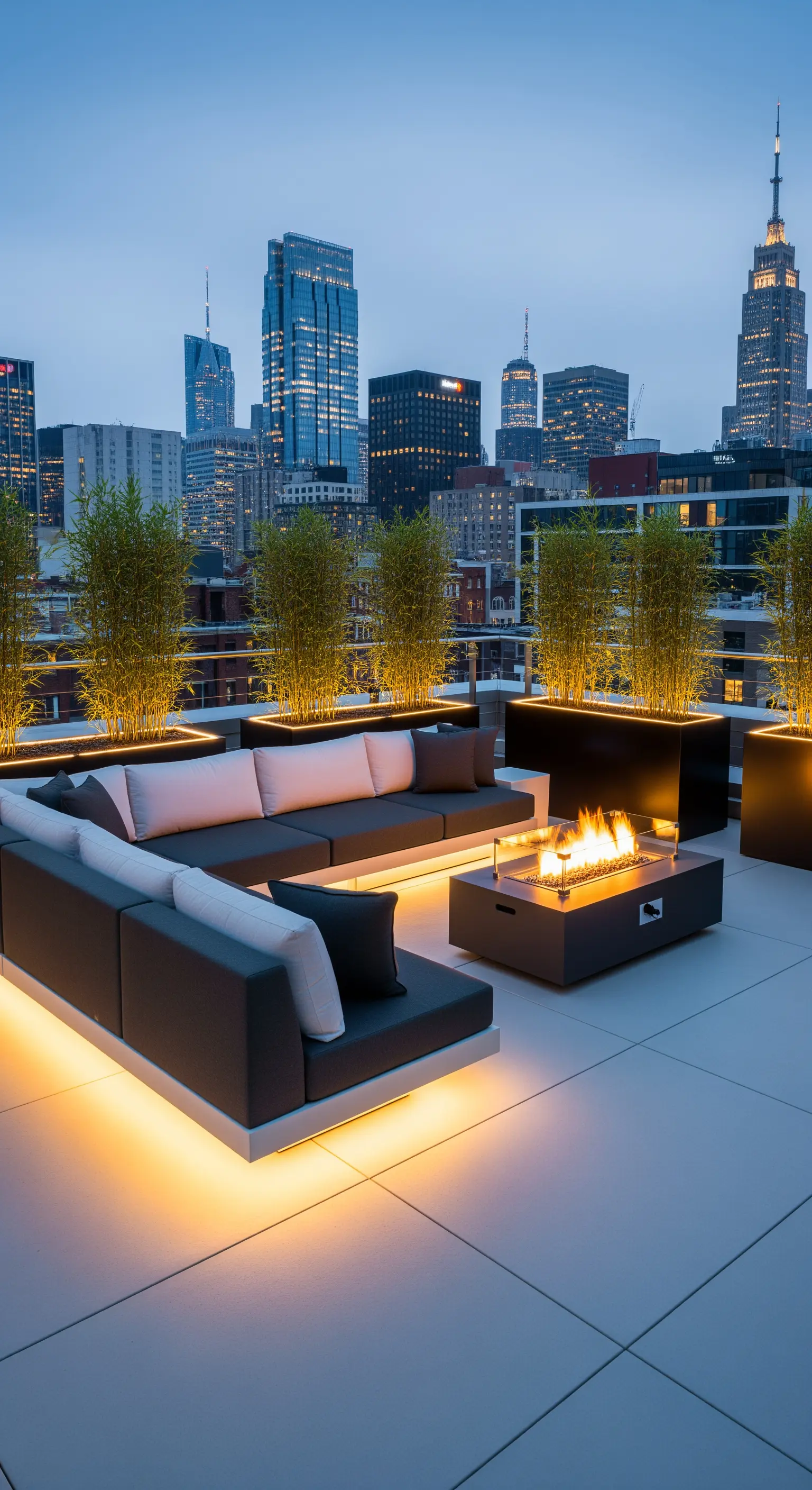 Divano modulare con illuminazione a LED integrata e braciere centrale su un rooftop.