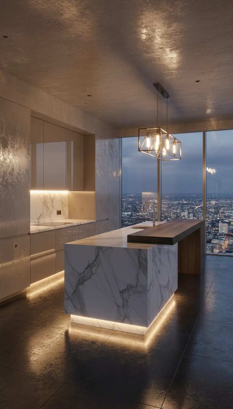 Cucina con isola in marmo bianco illuminata alla base da una striscia LED calda.