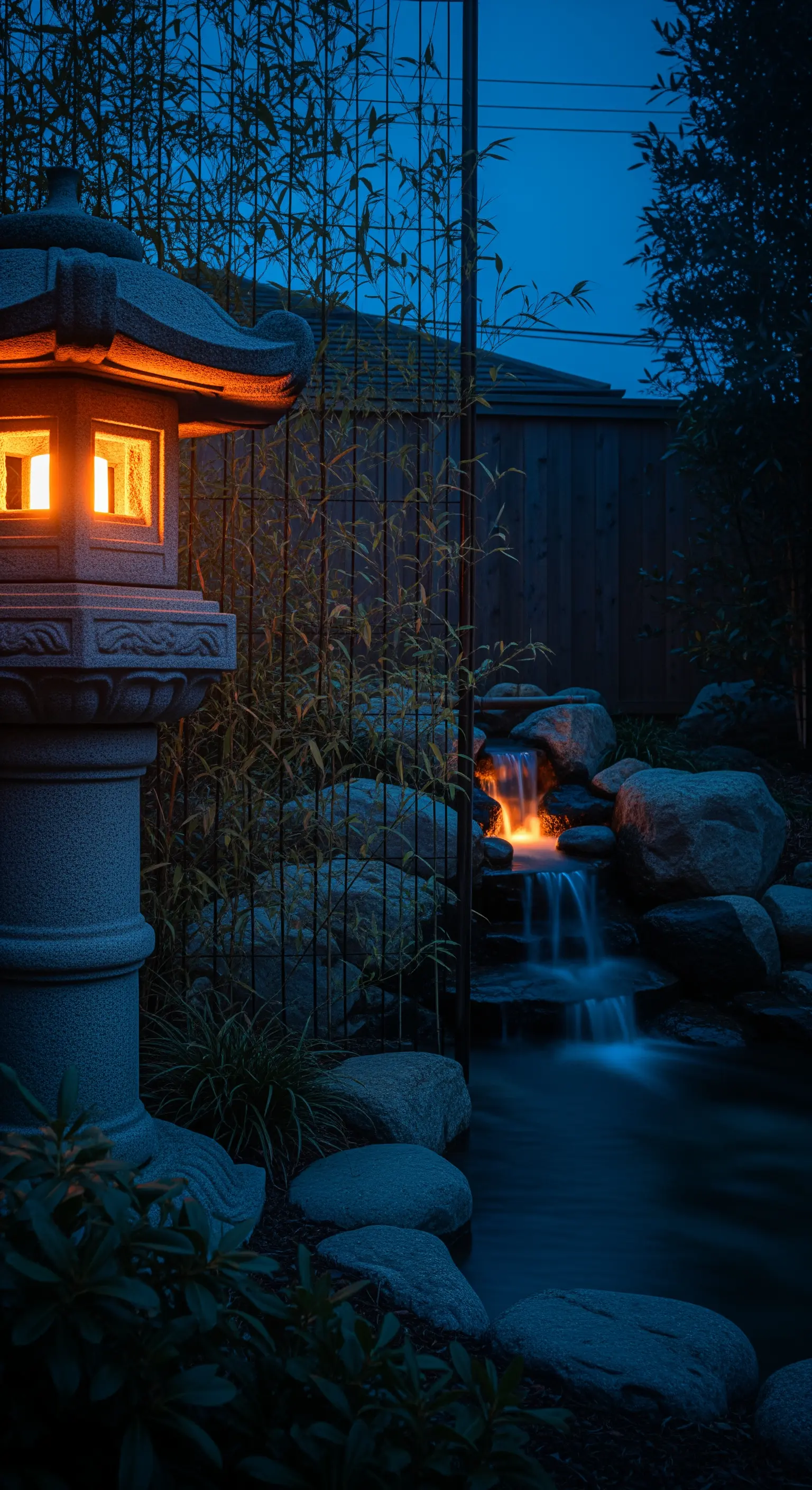 Lanterne giapponesi in pietra illuminate di notte accanto a una piccola cascata.