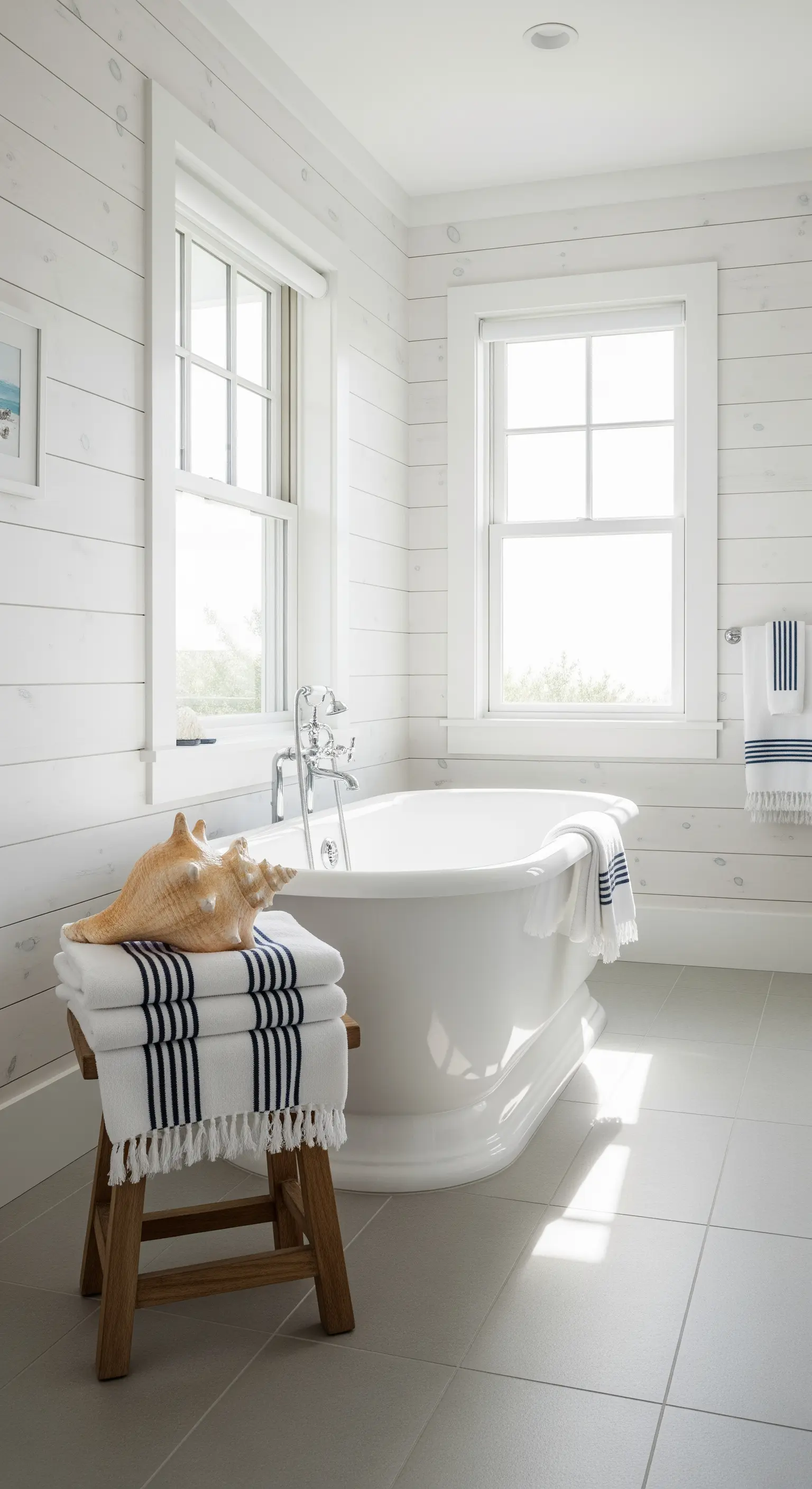 Bagno luminoso con pareti in legno bianco, vasca freestanding e conchiglia decorativa.