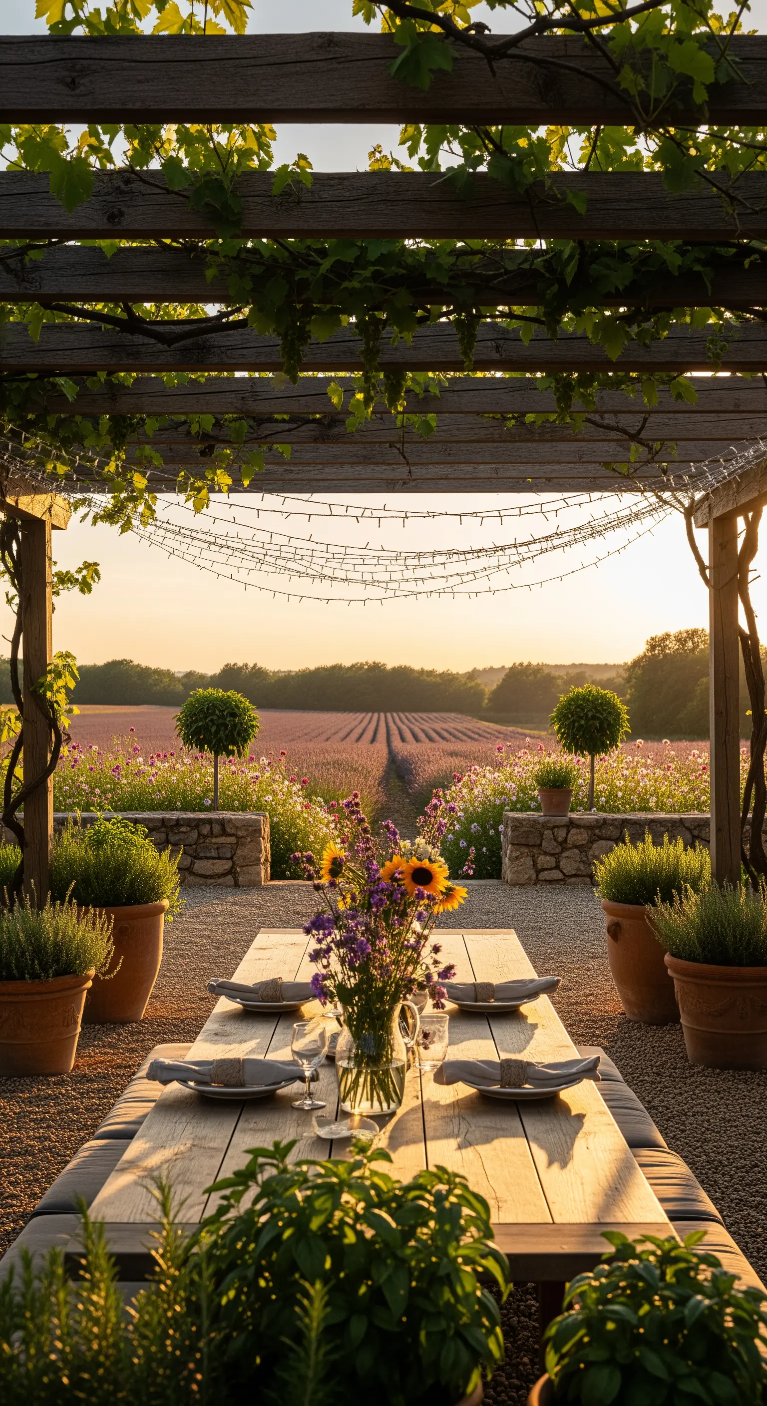 Tavolo in legno sotto una pergola affacciata su un campo fiorito al tramonto.