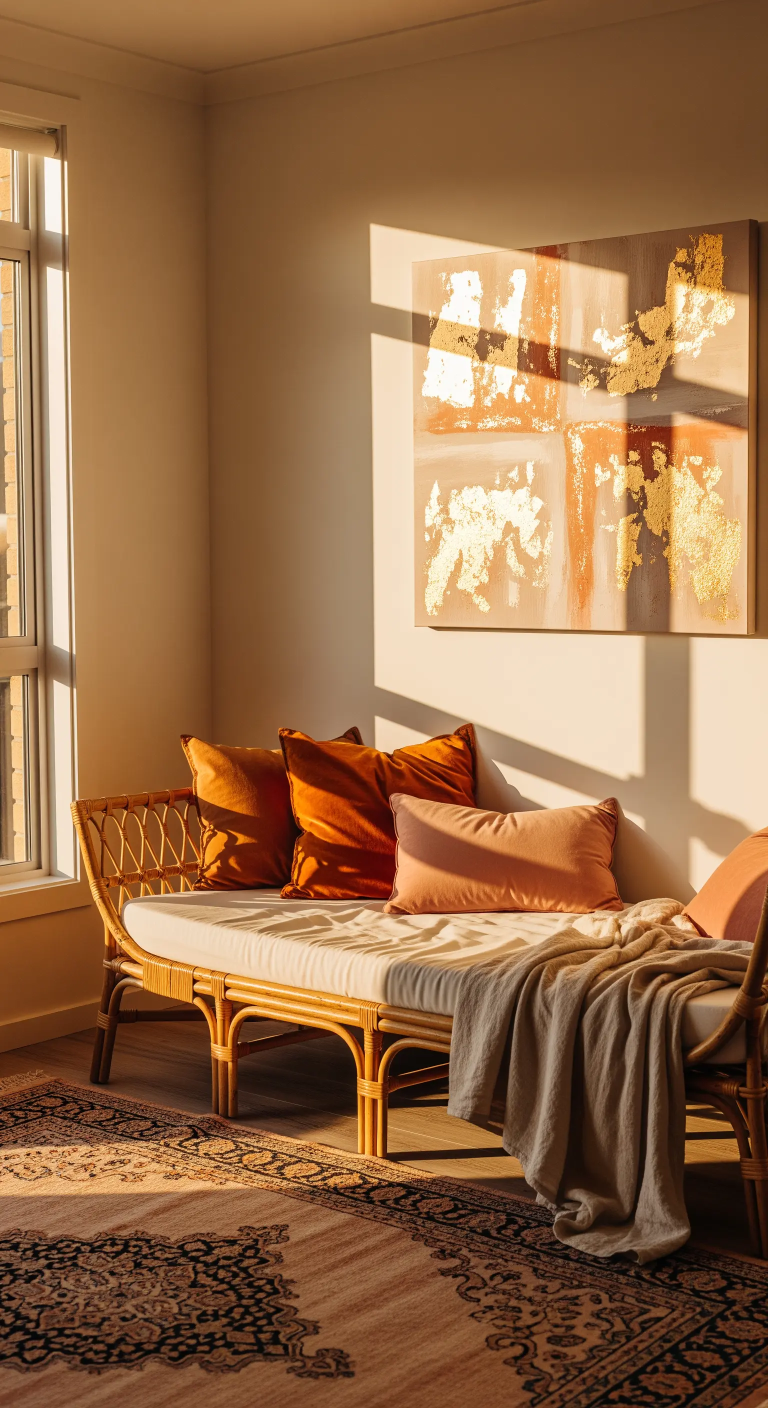 Divanetto in rattan inondato dalla luce del tramonto, con cuscini color terracotta e un quadro con dettagli dorati.