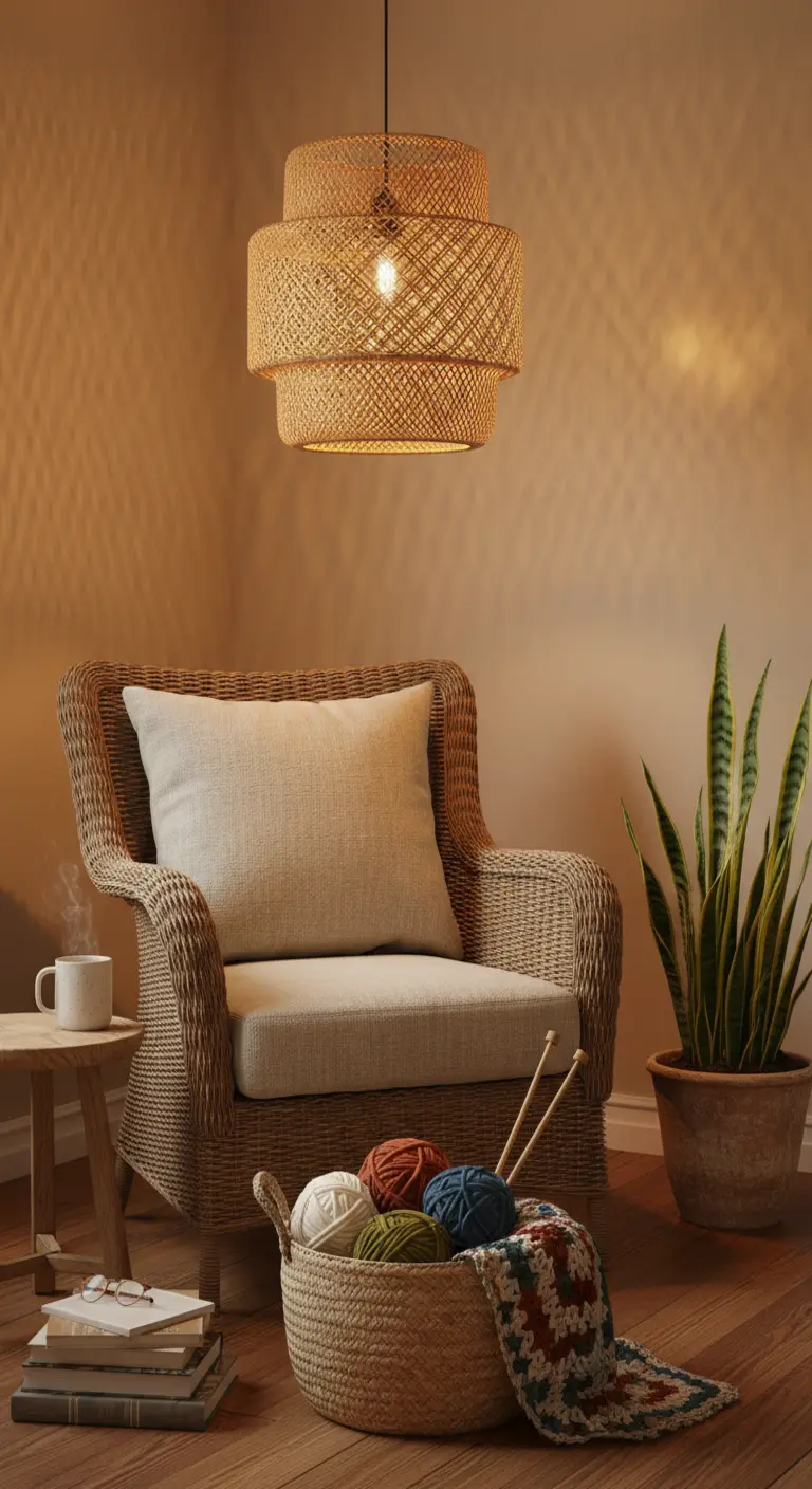 Poltrona in vimini illuminata da un grande lampadario a sospensione in rattan intrecciato.