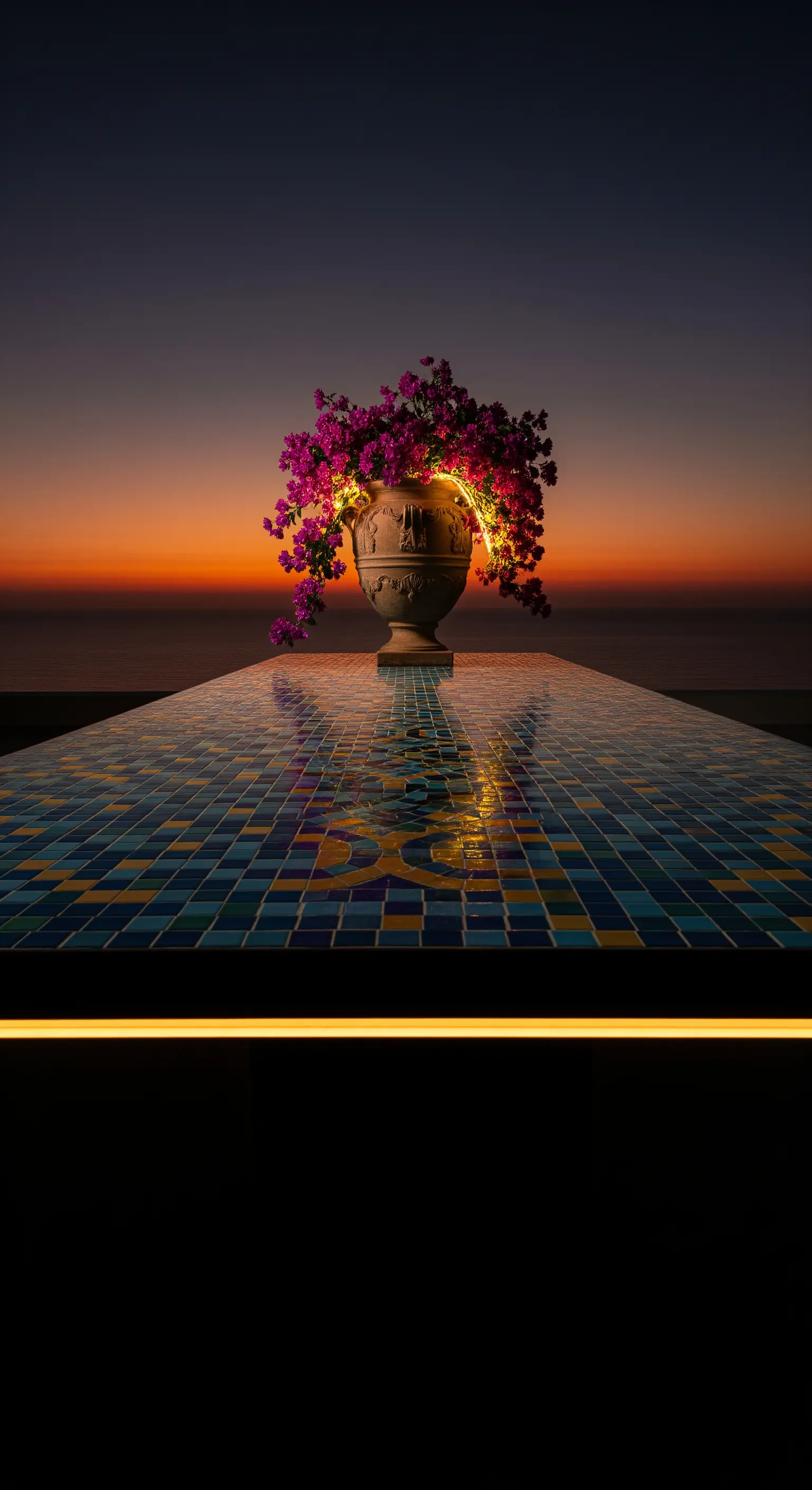 Vaso con bouganville su un tavolo a mosaico al tramonto, illuminato dall'interno.