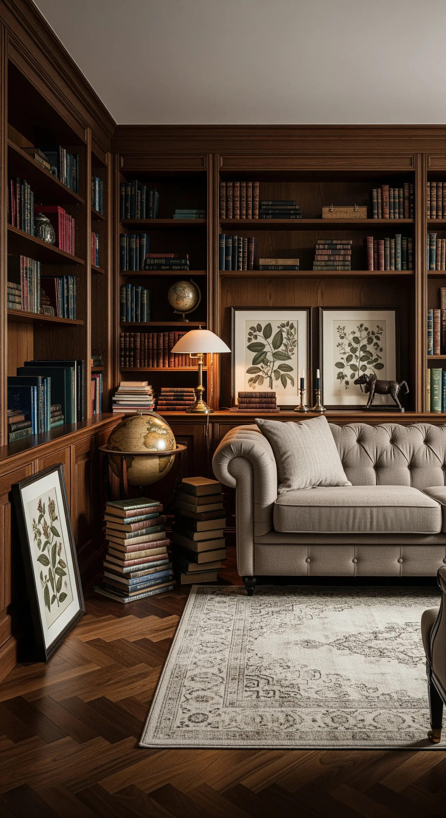 Biblioteca classica con pareti in legno scuro e un tappeto persiano chiaro a terra