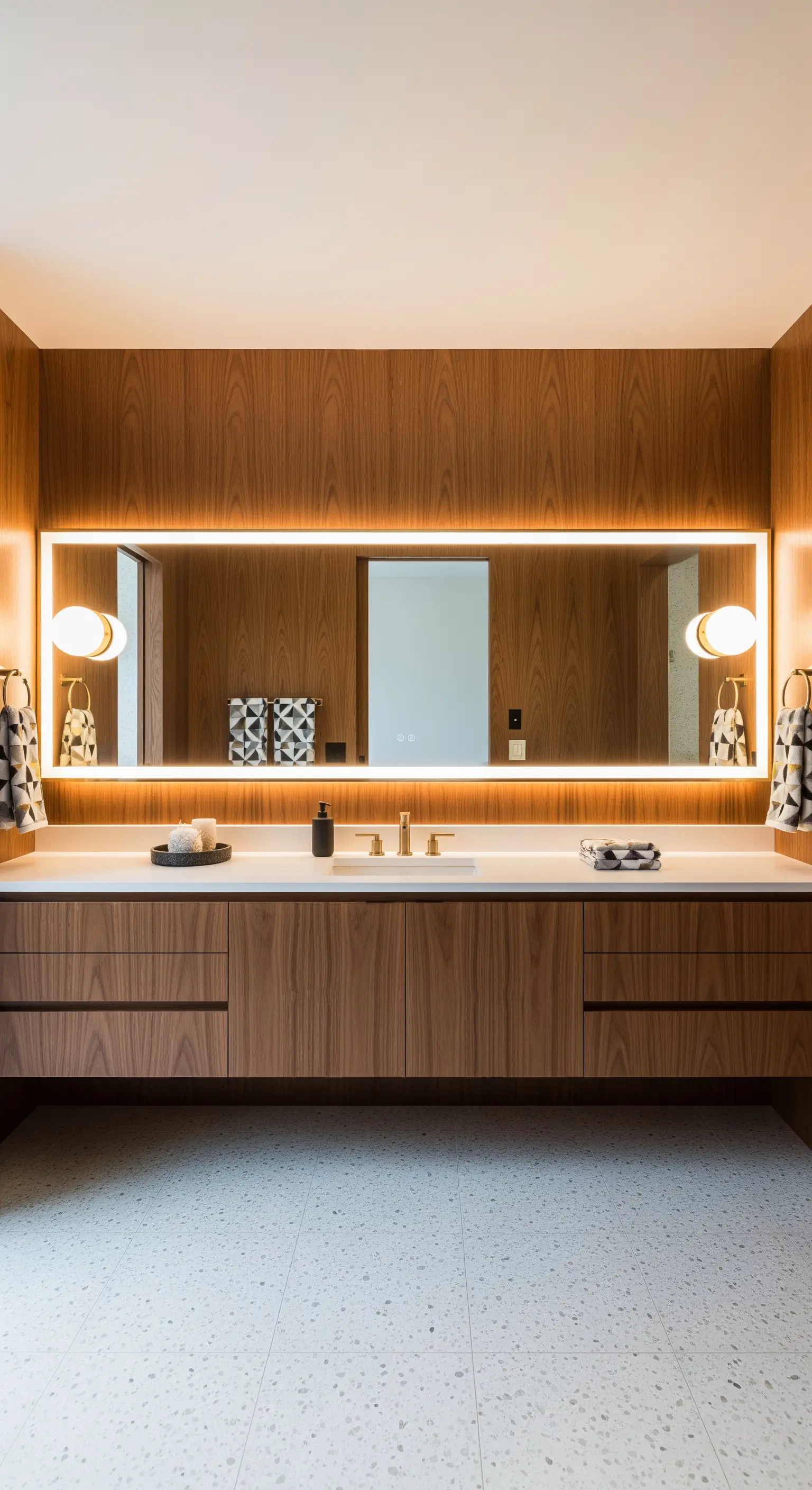 Specchio panoramico retroilluminato in un bagno rivestito in legno di noce.