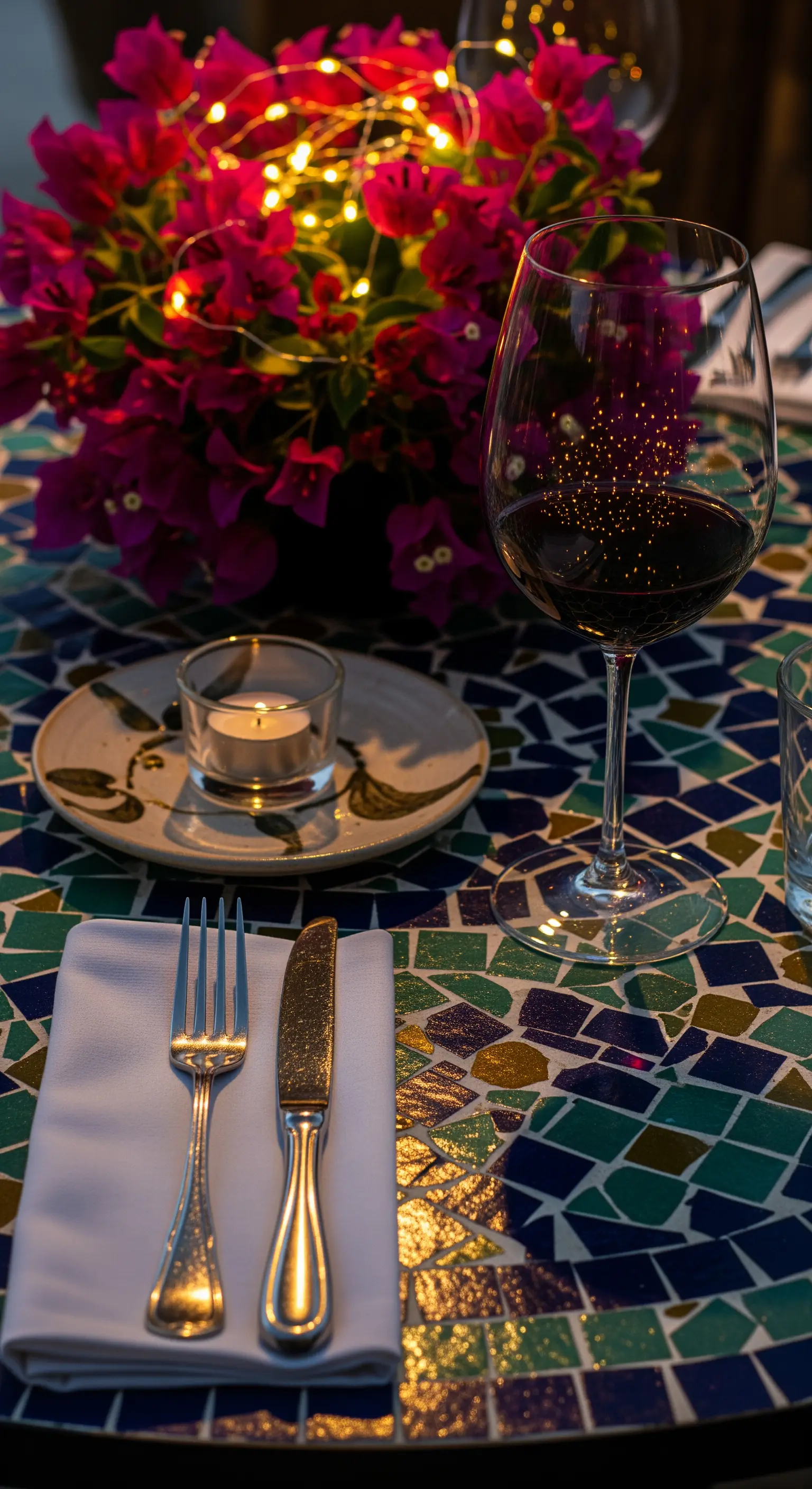 Apparecchiatura su tavolo a mosaico con un bicchiere di vino che riflette le luci.