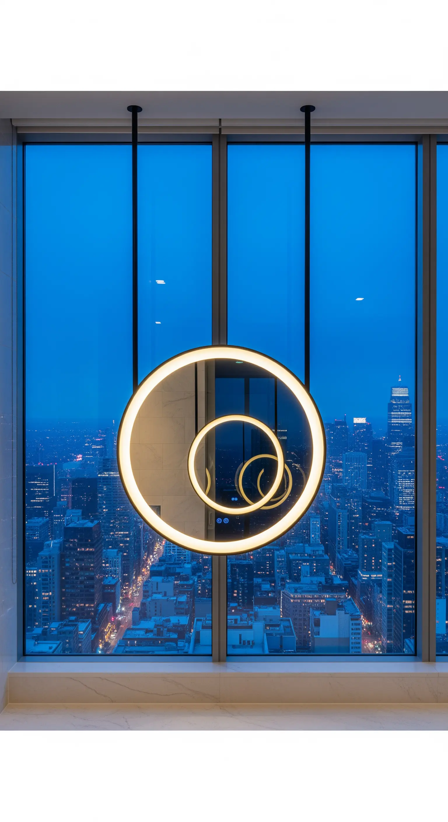 Specchio rotondo sospeso e illuminato di fronte a una vetrata con vista sulla città.