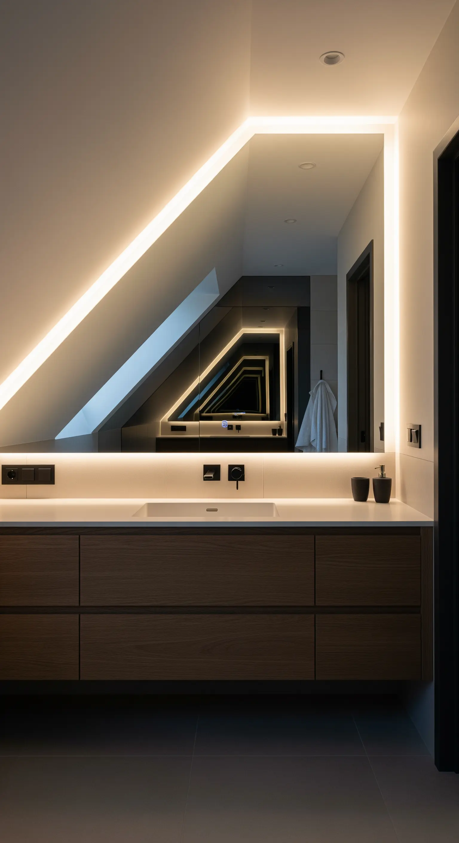 Specchio retroilluminato con taglio obliquo che segue l'inclinazione del tetto.