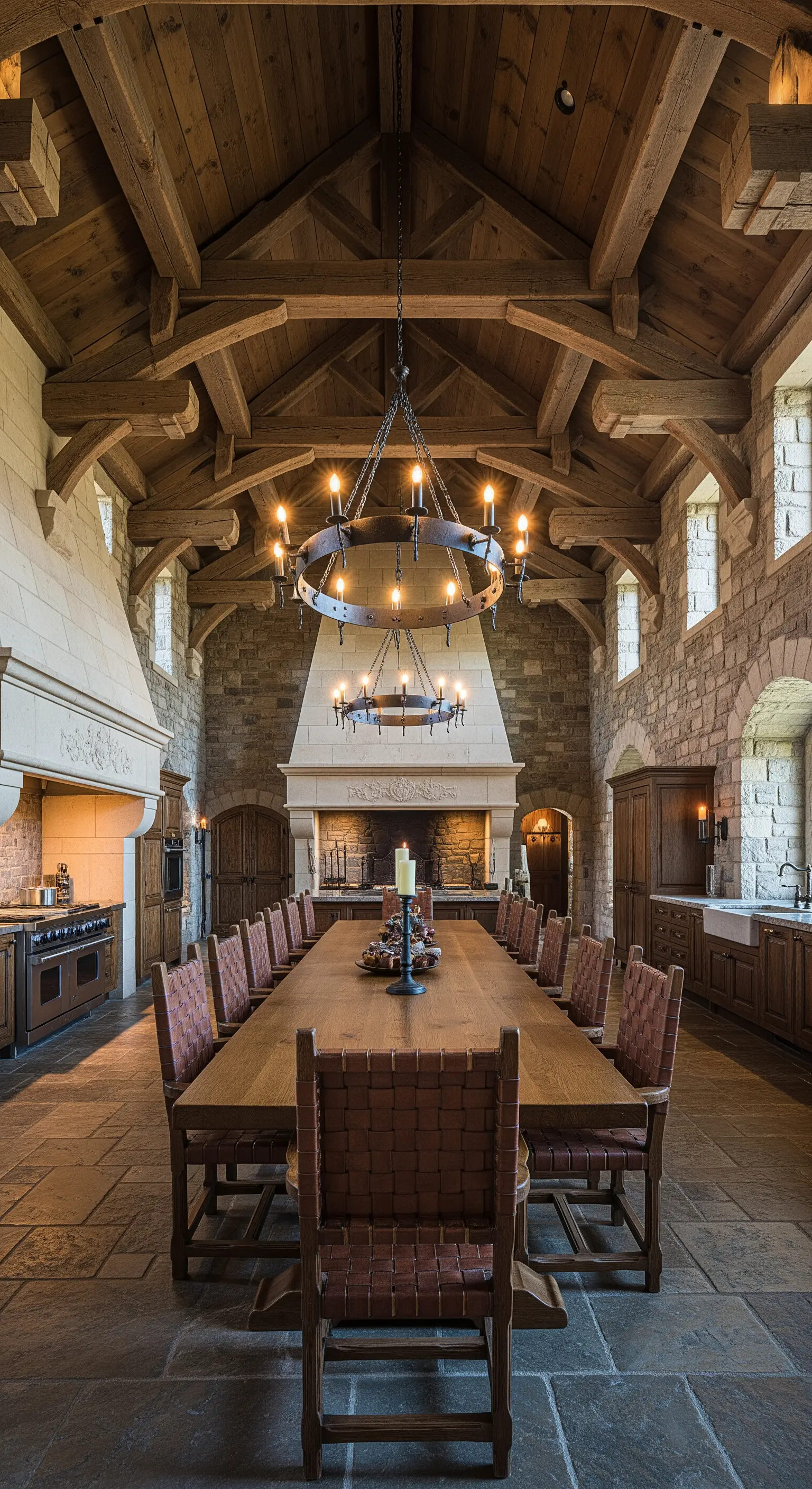 Sala da pranzo maestosa in stile castello con soffitto a volta e tavolo lunghissimo.