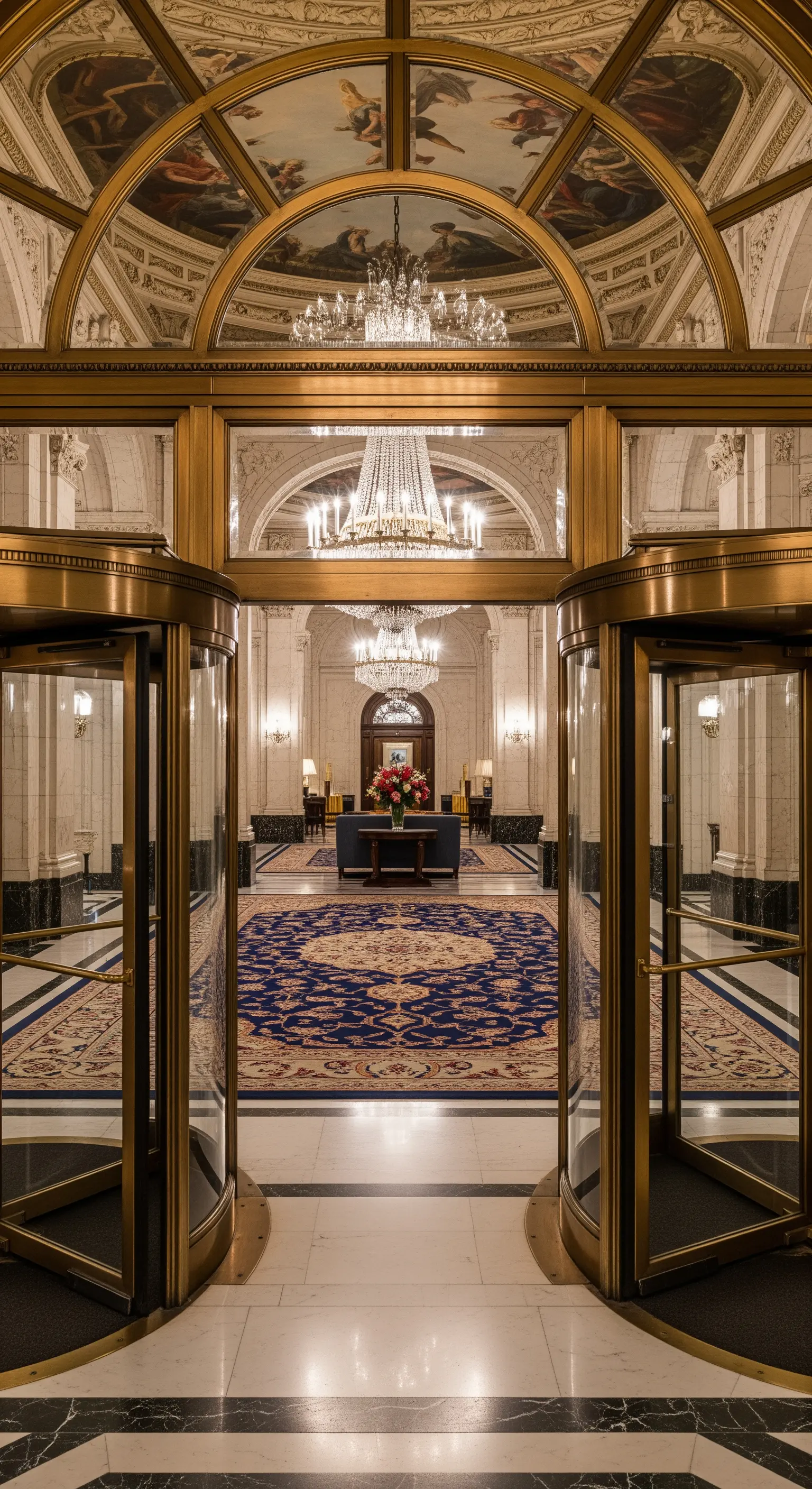 Ingresso monumentale di un hotel di lusso con porte girevoli dorate e lampadari imponenti.