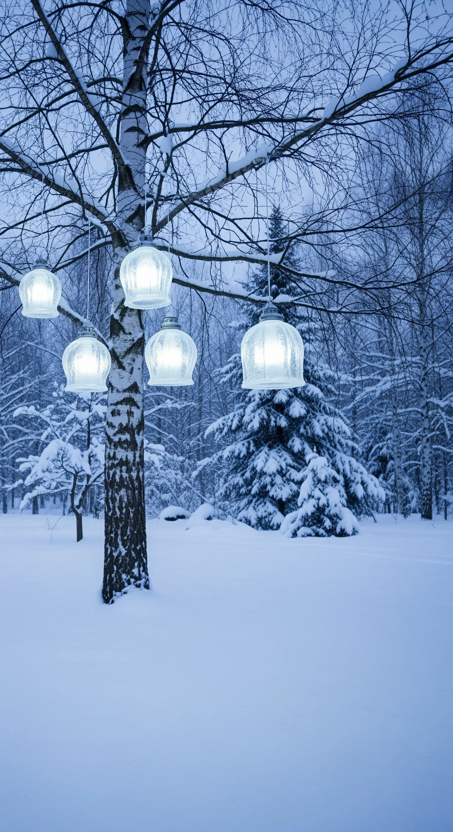 Lanterne in vetro appese a una betulla spoglia in un paesaggio innevato.