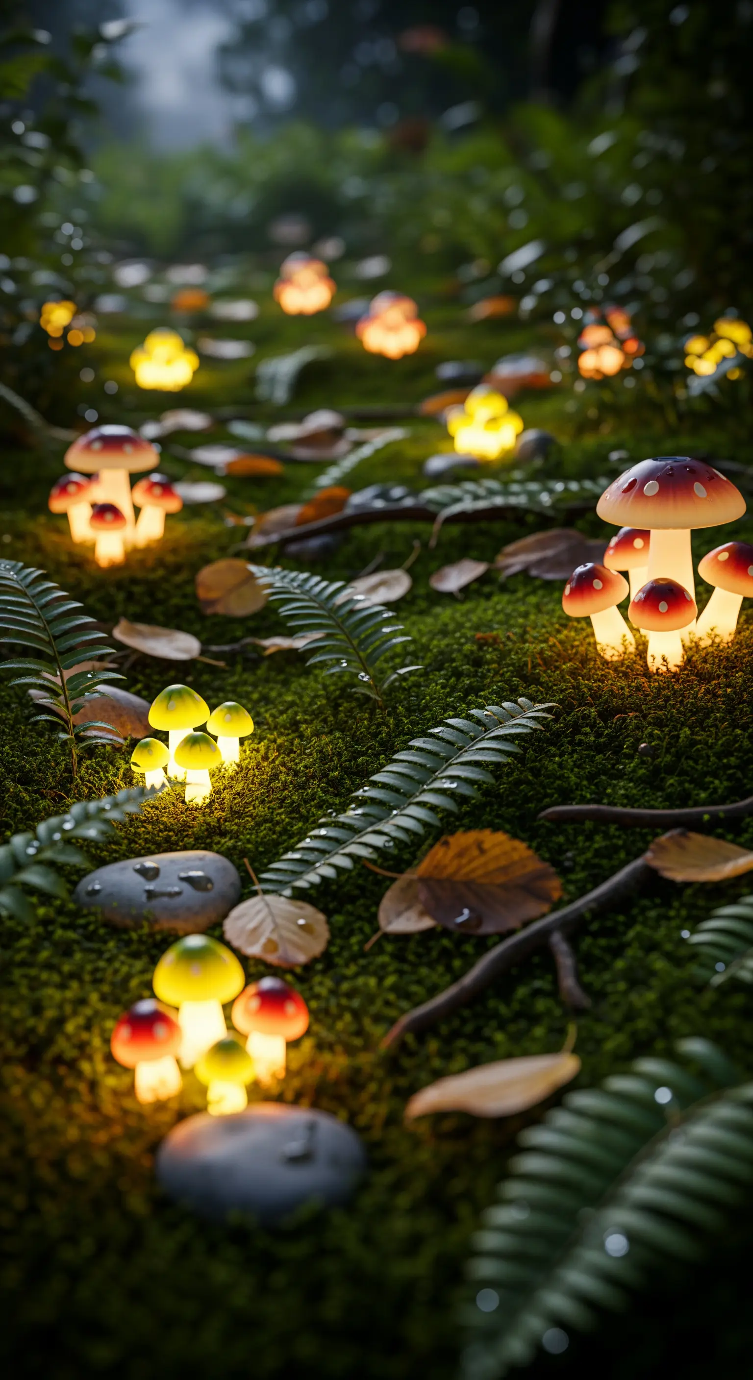 Piccole luci a forma di fungo che illuminano un sentiero di muschio in un bosco.