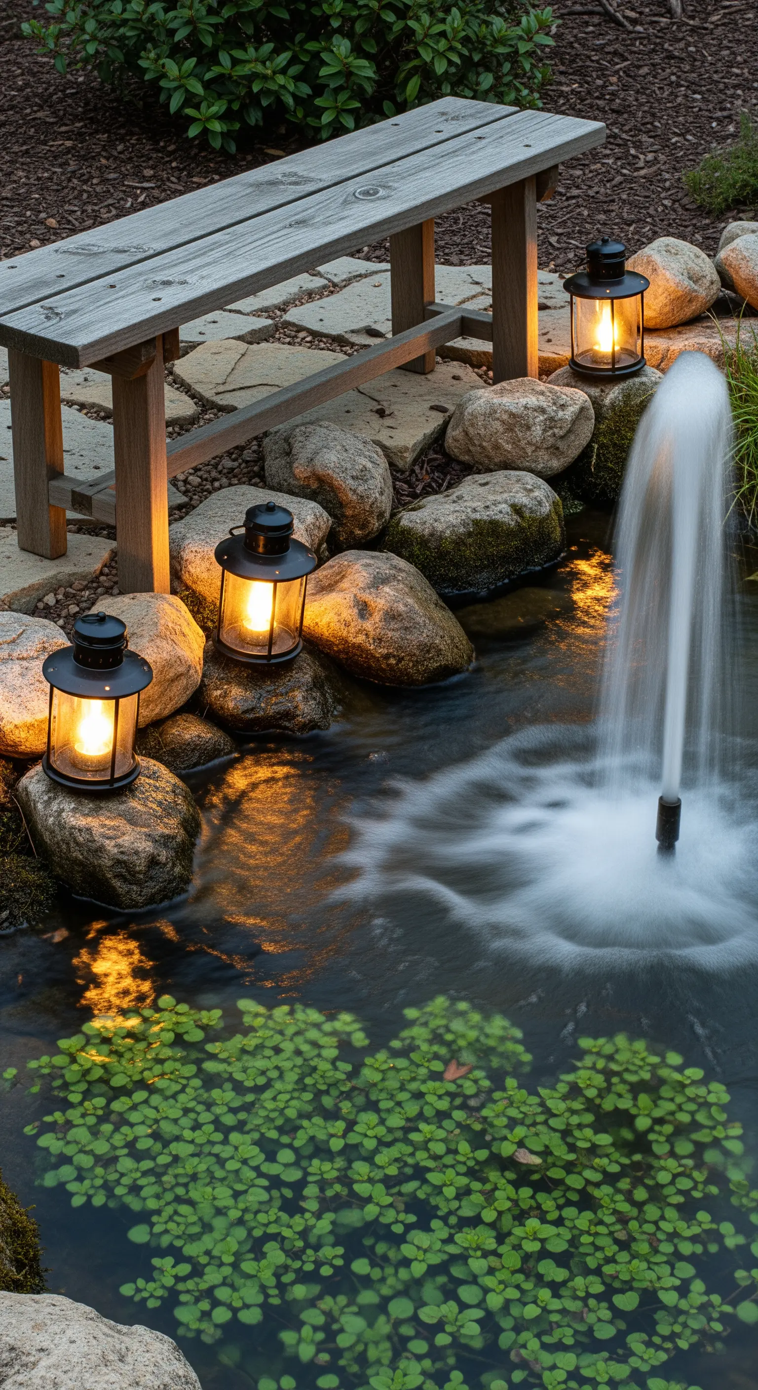 Piccolo stagno con fontana, illuminato da lanterne posizionate sulle rocce circostanti.