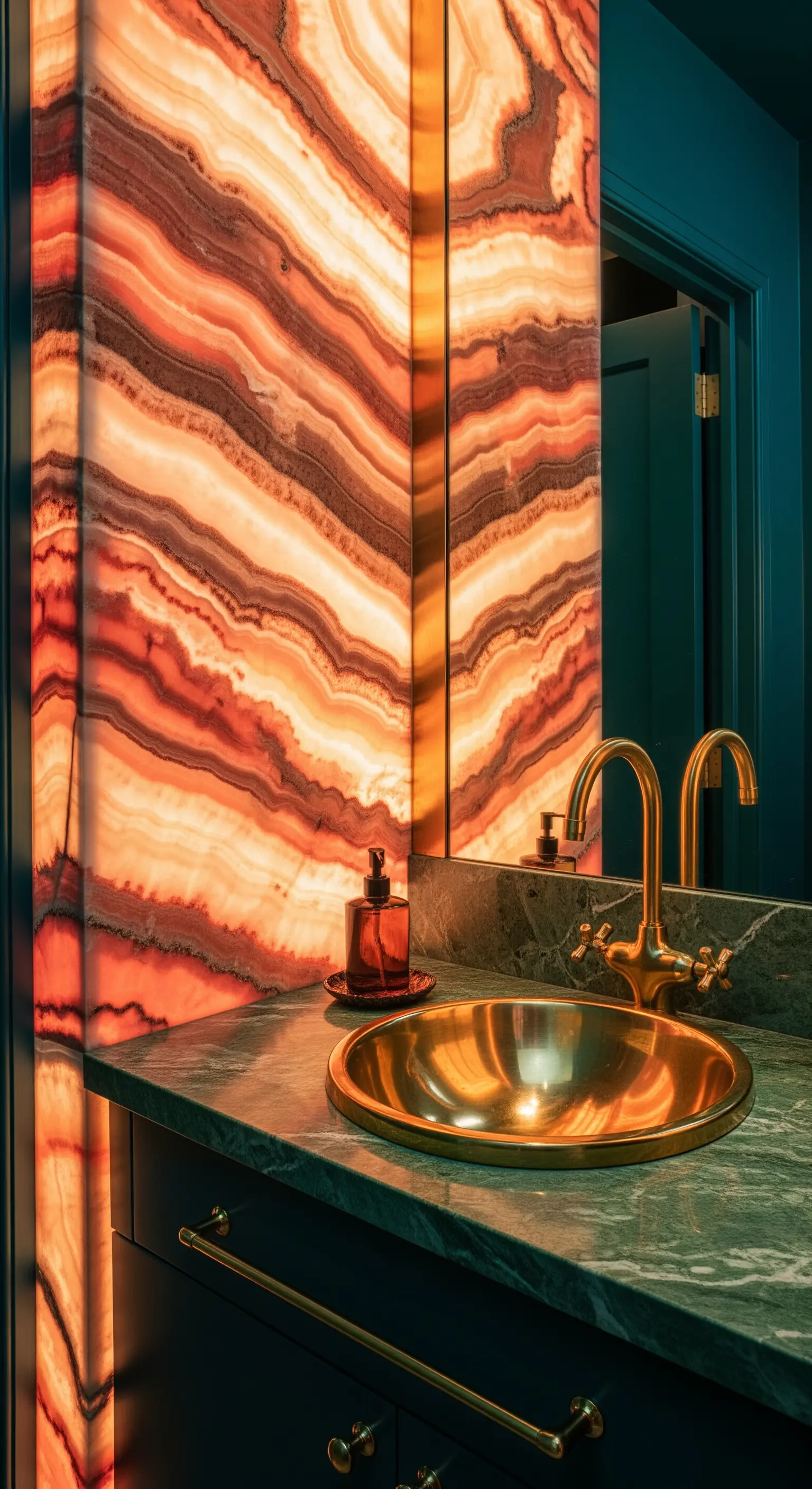 Dettaglio di un bagno con pannello in onice retroilluminato e lavabo in ottone.