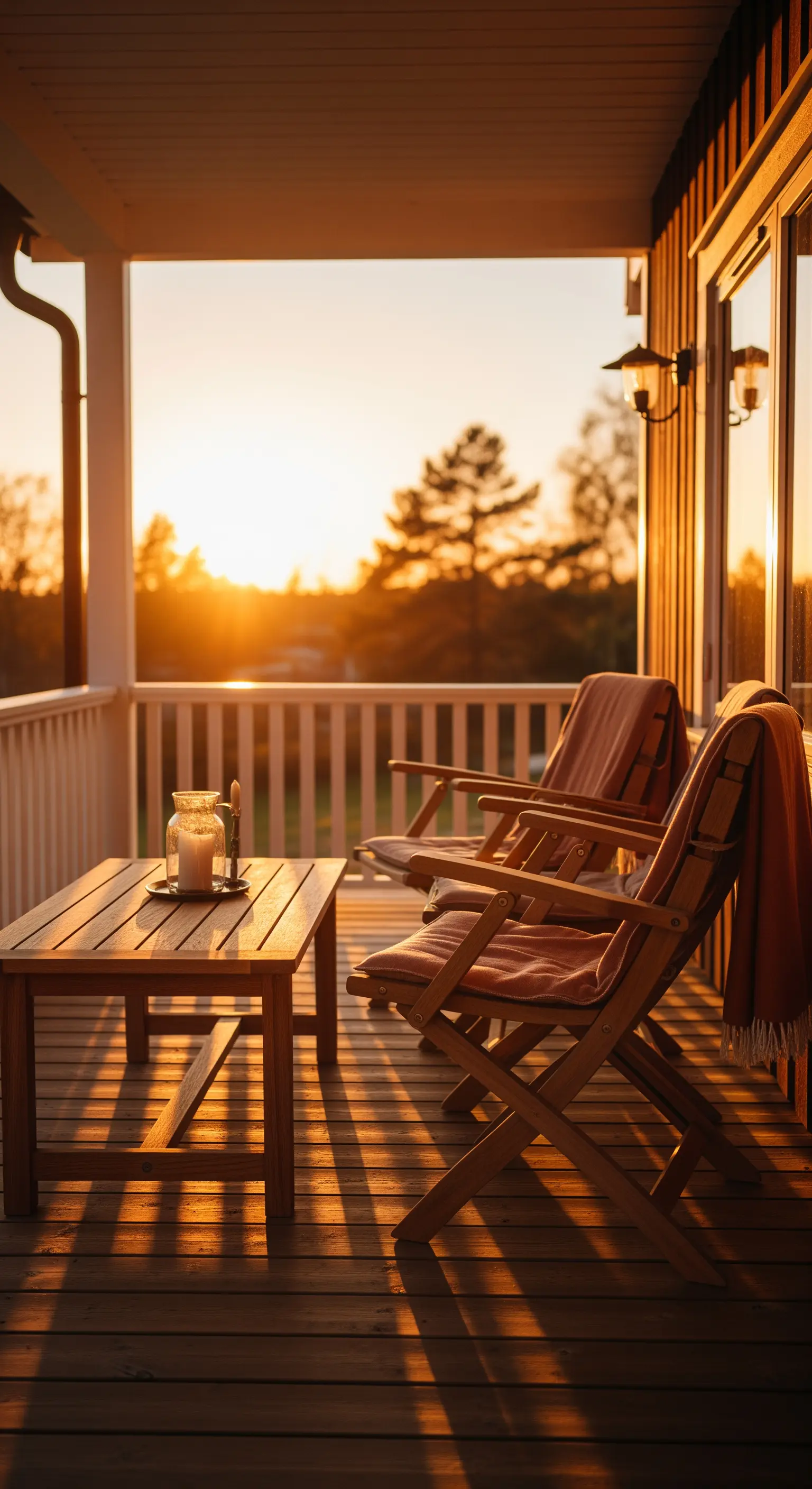 Portico in legno al tramonto con due sedie pieghevoli che guardano il sole calante.
