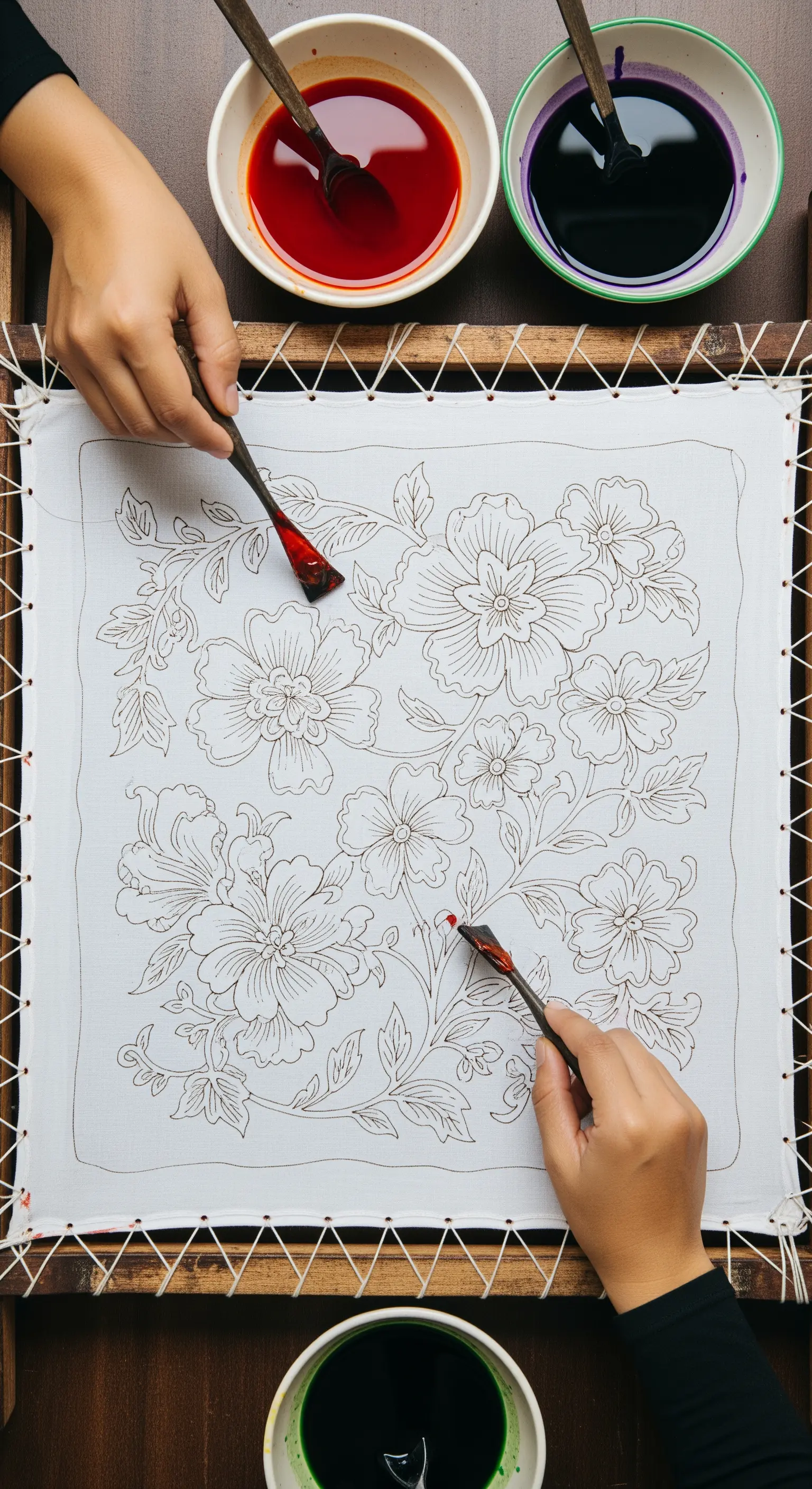 Mani che applicano cera calda su un tessuto con un disegno floreale per creare un batik.