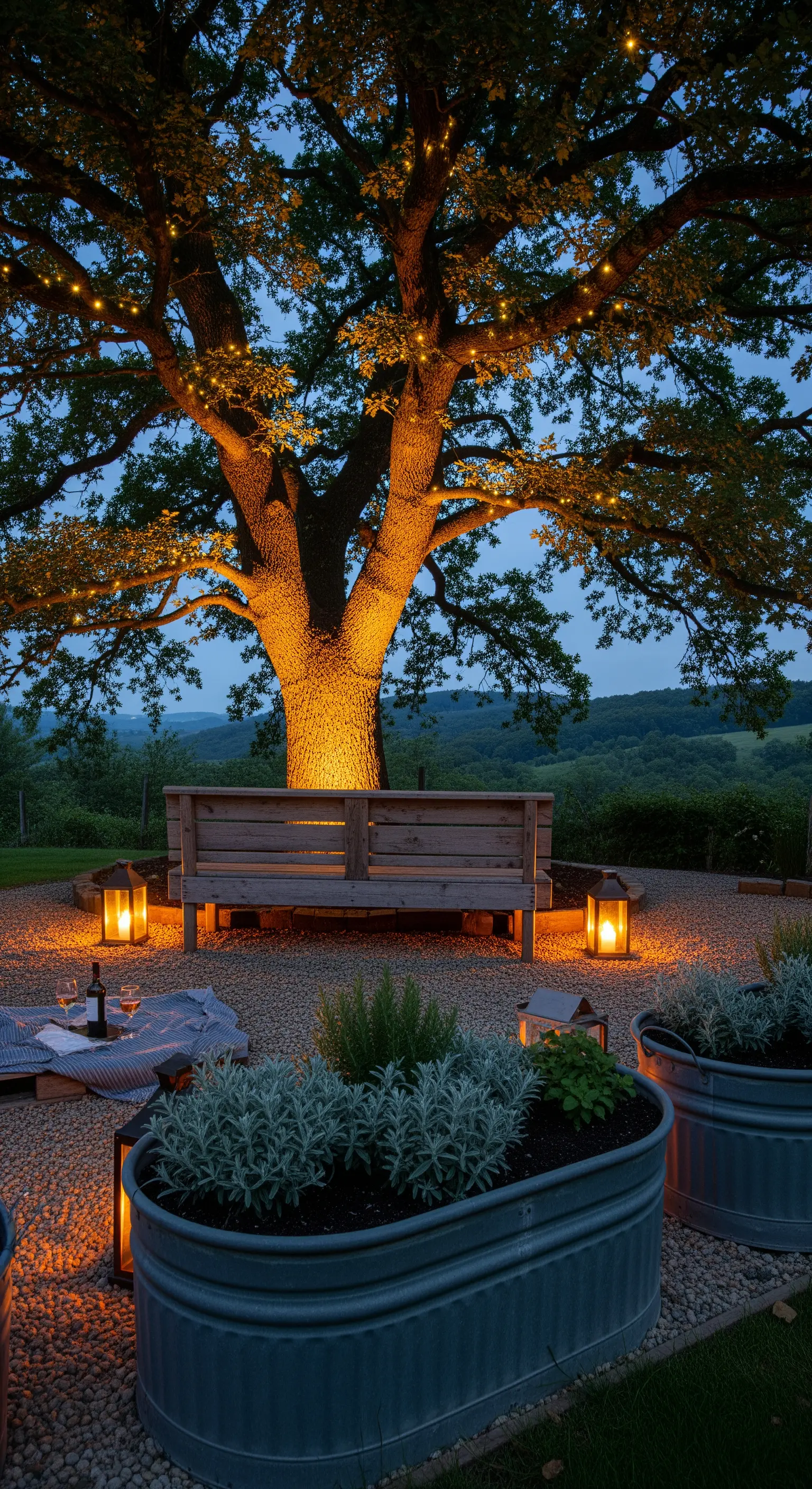Quercia illuminata da lucine, con panca in legno, lanterne e fioriere in metallo.
