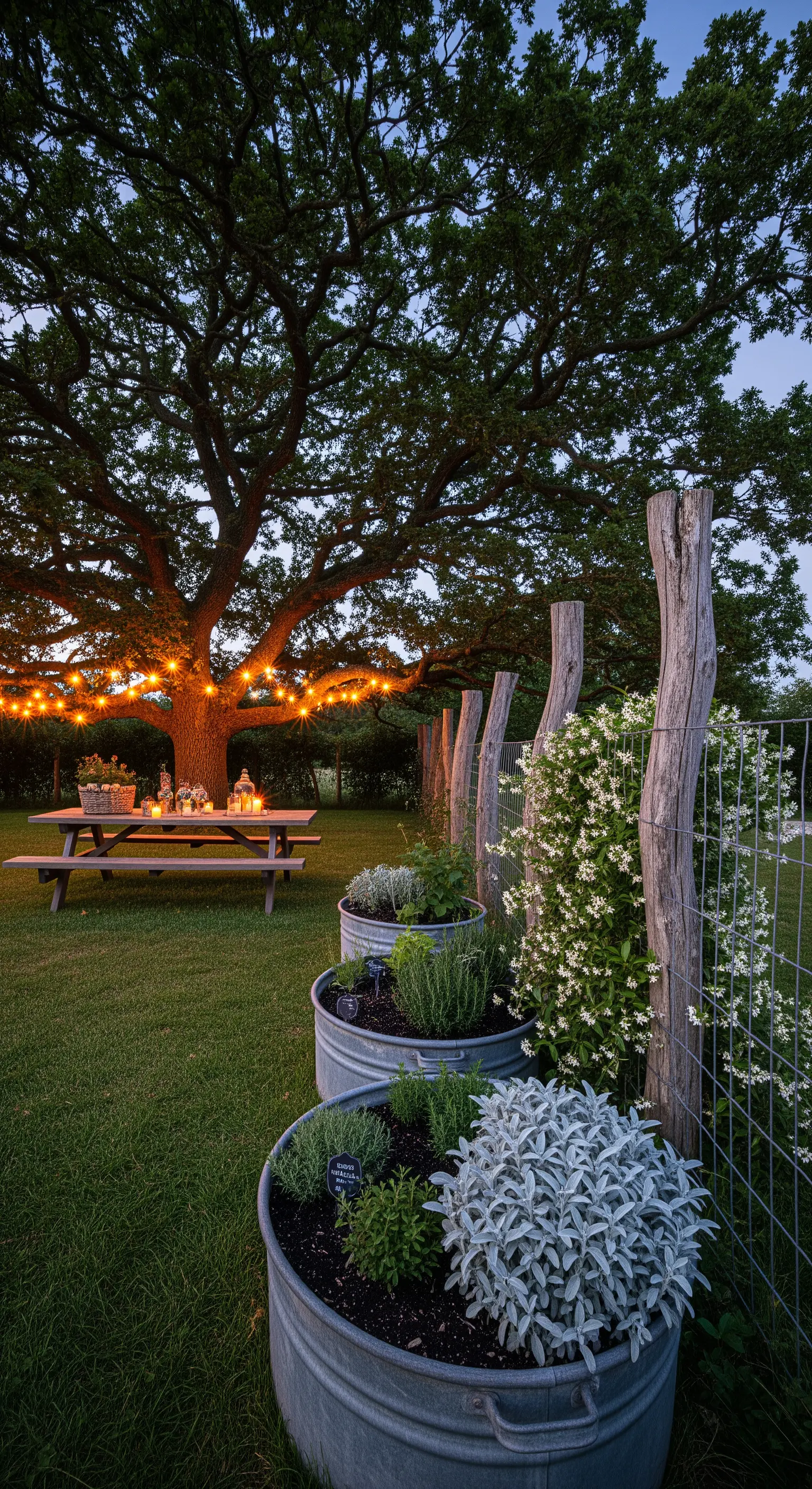 Tavolo da picnic illuminato da una catena di luci appesa a un albero al crepuscolo.