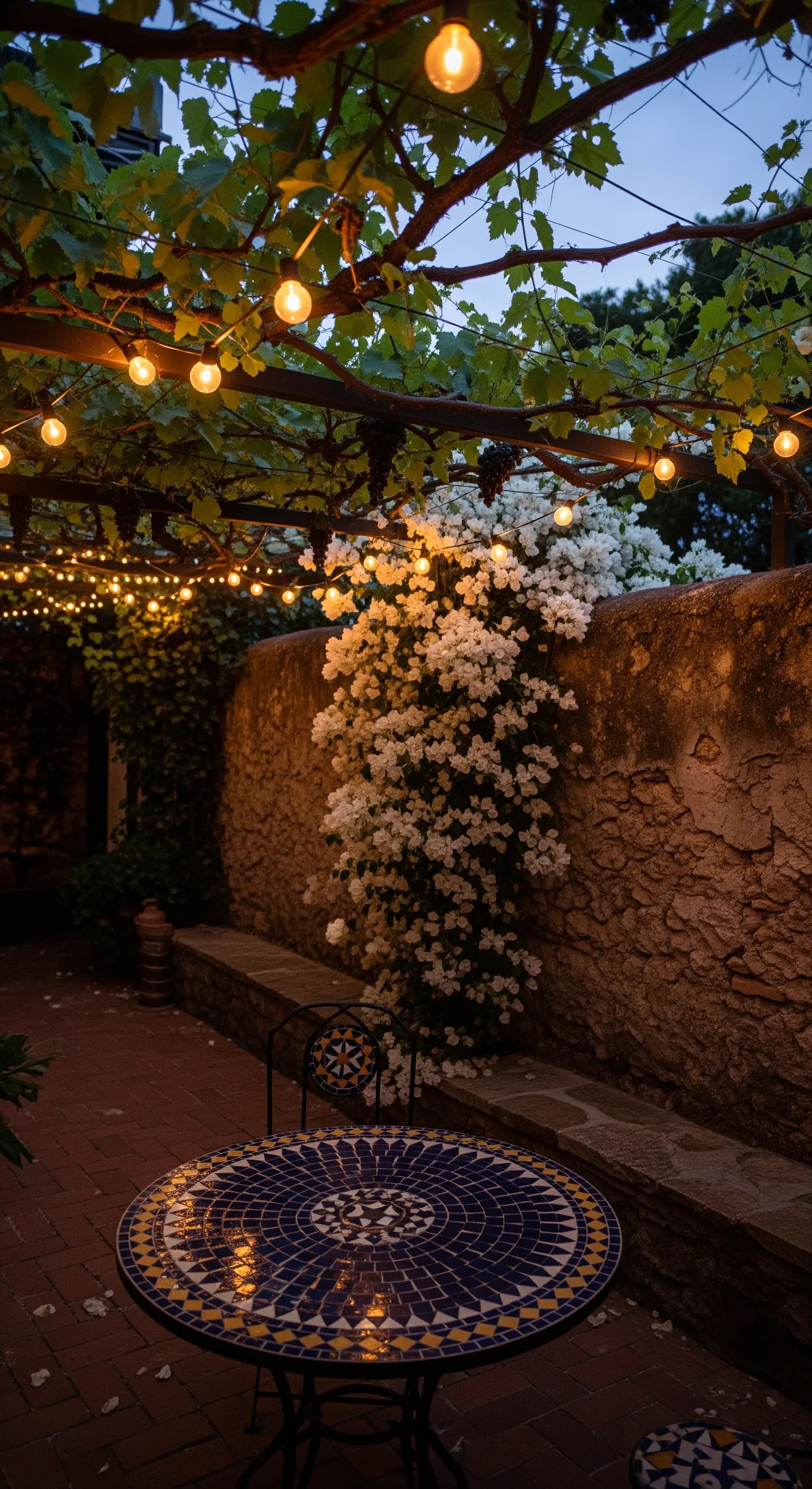 Tavolo rotondo in mosaico blu illuminato da lucine sospese sotto un pergolato.