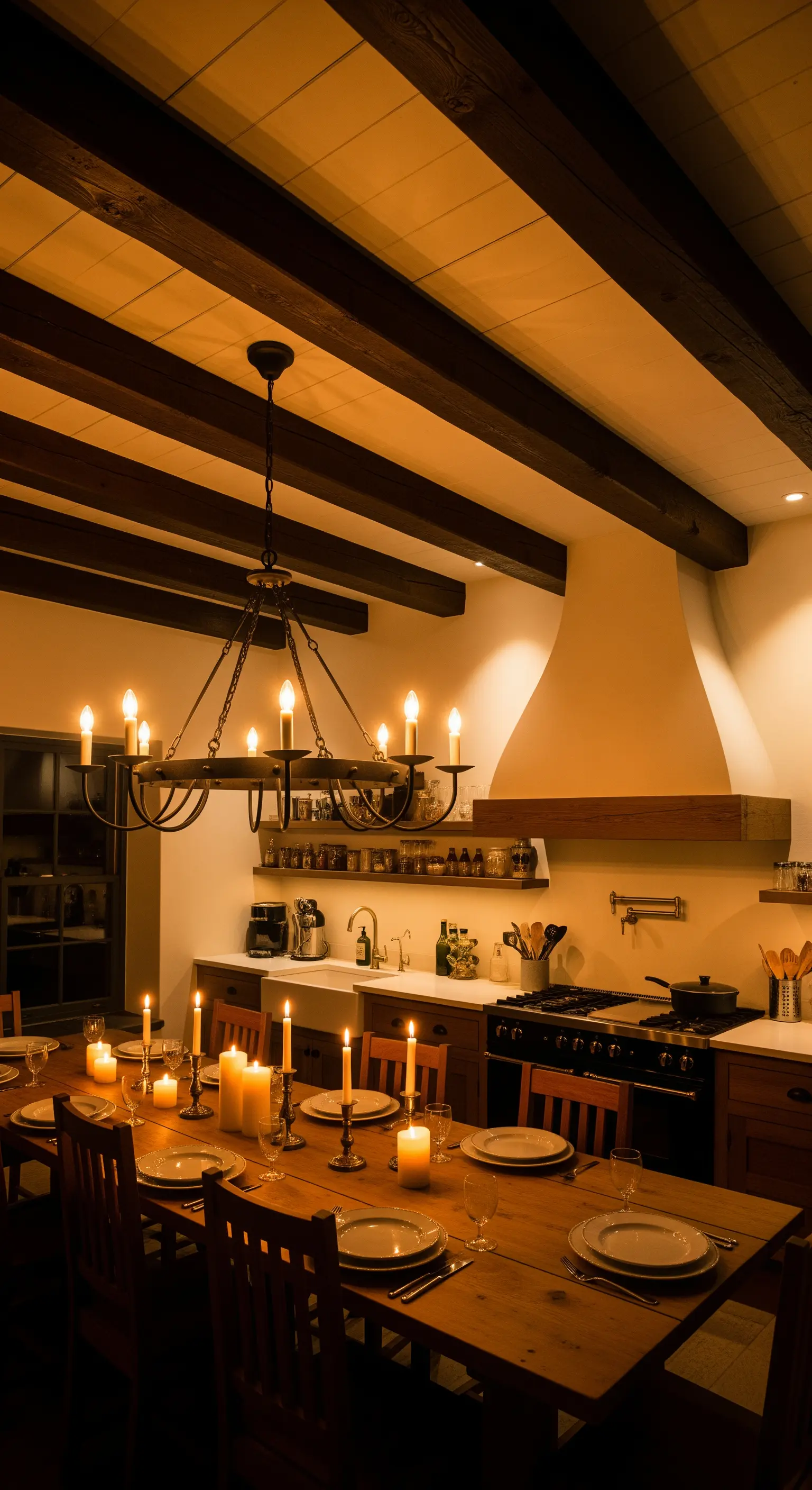 Tavolo da pranzo in legno illuminato scenograficamente solo da numerose candele accese.