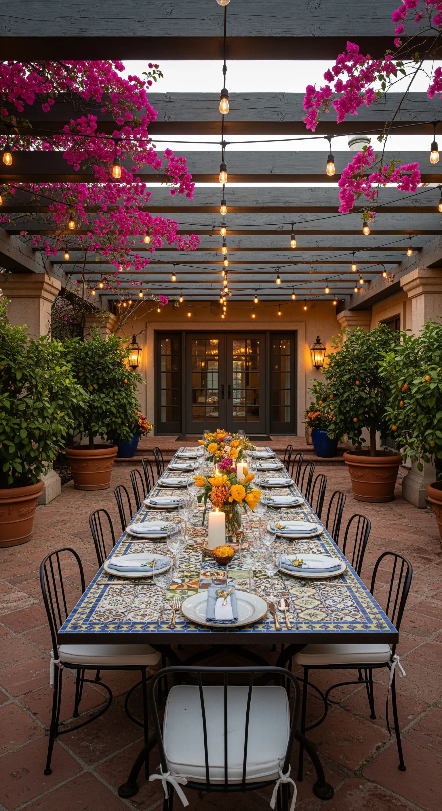 Lunga tavolata all'aperto con piano in mosaico, apparecchiata per la cena sotto fili di lucine.