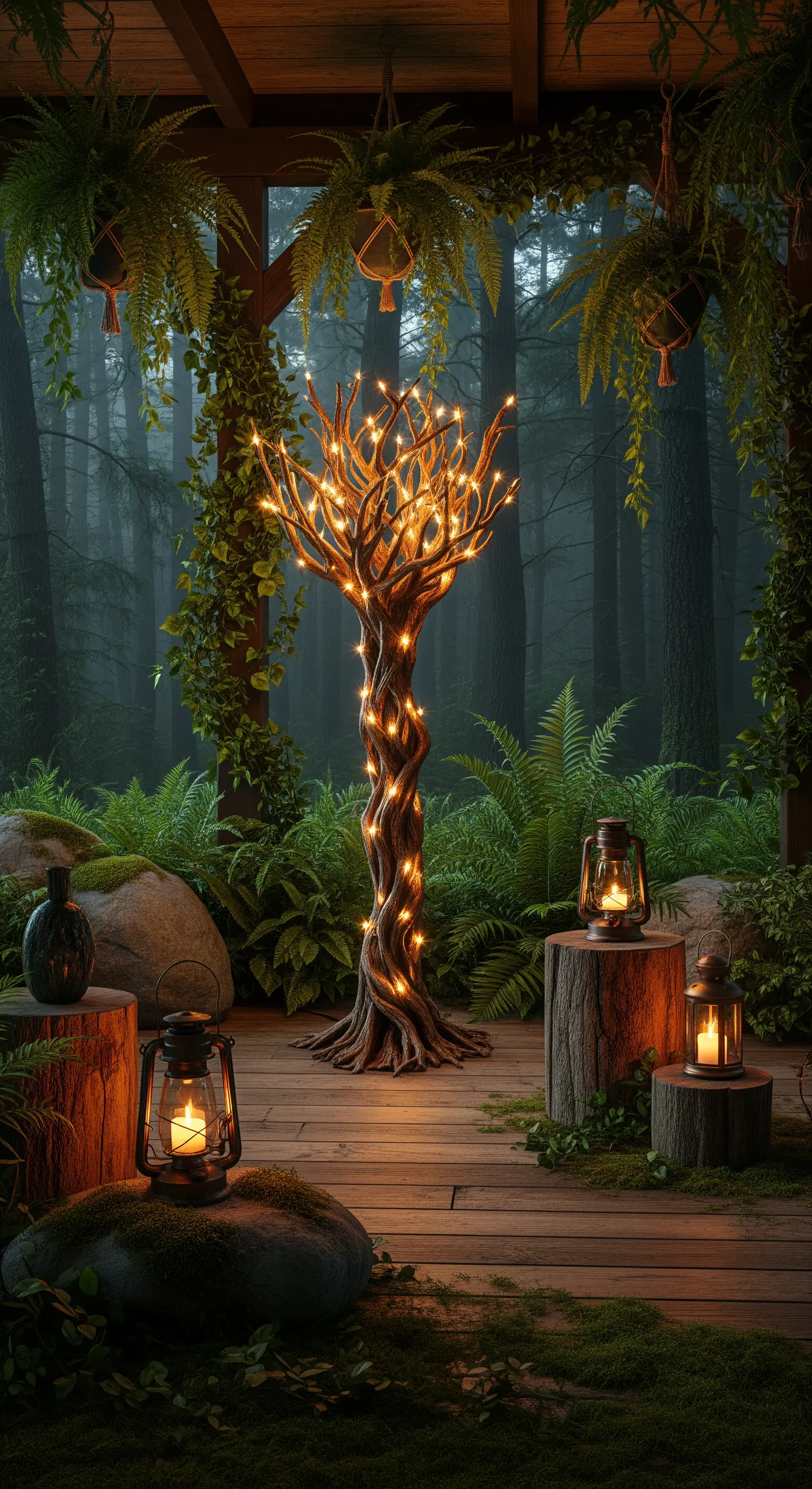 Patio nel bosco con una lampada a forma di albero luminoso, circondata da felci e lanterne.