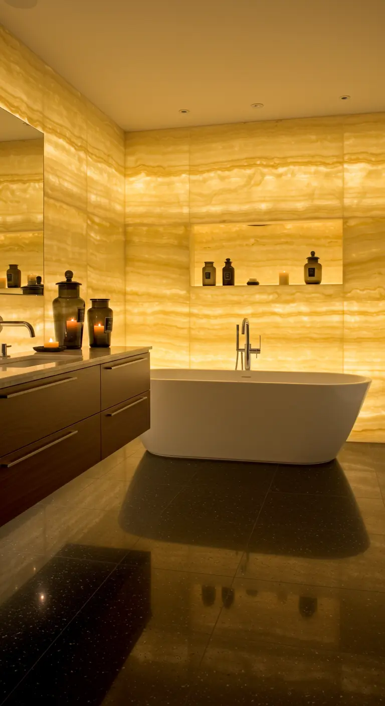 Bagno con pareti in onice retroilluminate che creano un'atmosfera dorata e calda.
