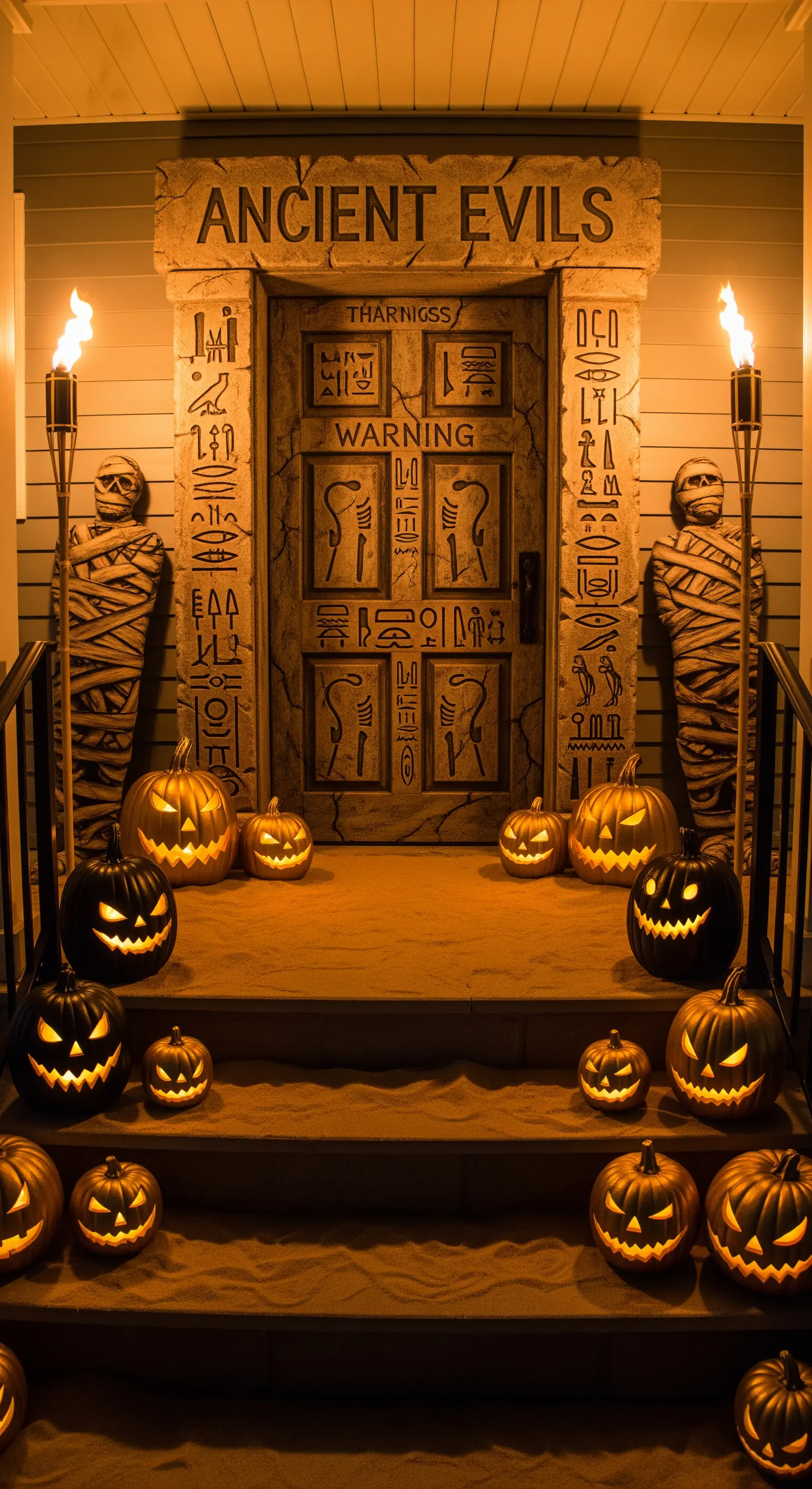 Ingresso trasformato in una tomba egizia con geroglifici, mummie e torce fiammeggianti.