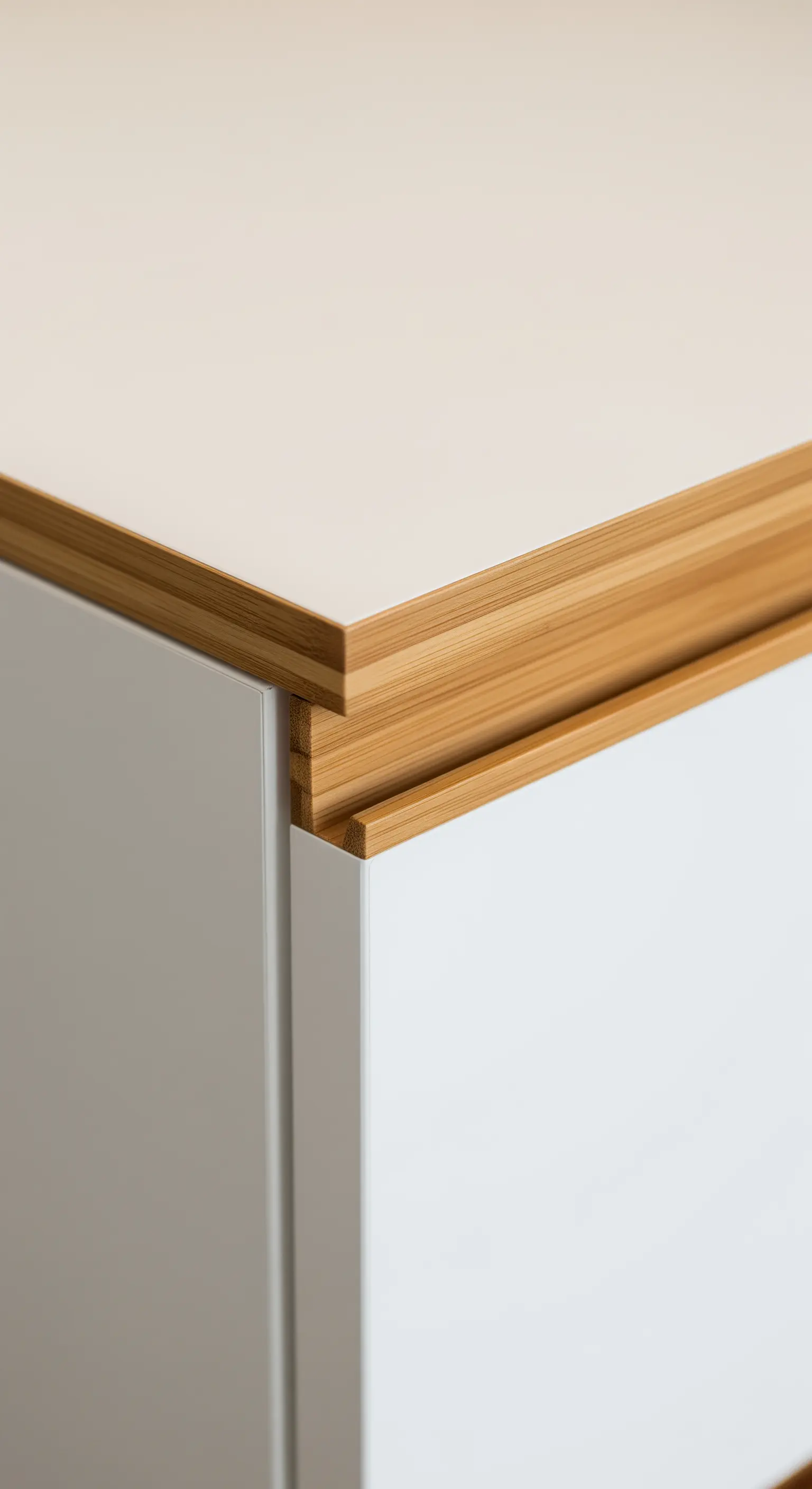 Dettaglio di un cassetto bianco con maniglia a gola ricavata in un inserto di bambù.