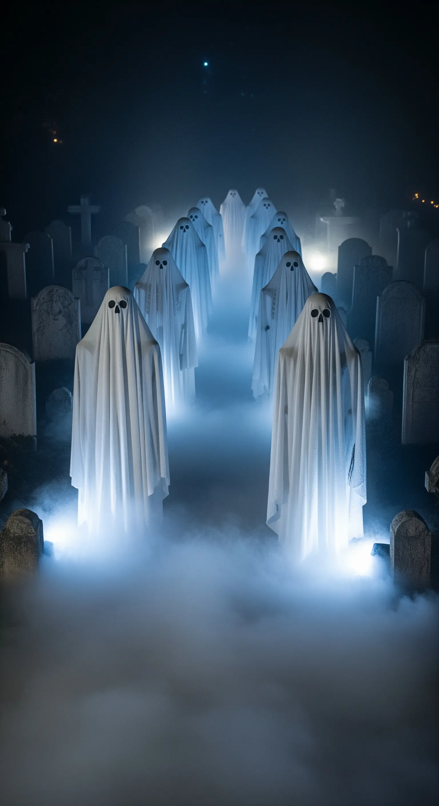 Una processione di fantasmi bianchi avvolti dalla nebbia, illuminati dal basso con luce fredda.