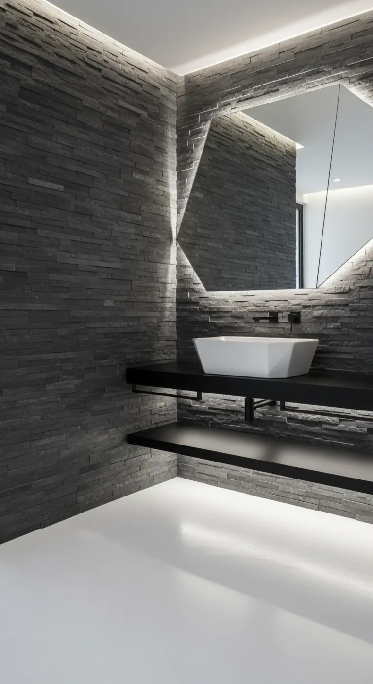 Pareti in pietra scura texturizzata illuminate da luce radente e indiretta.