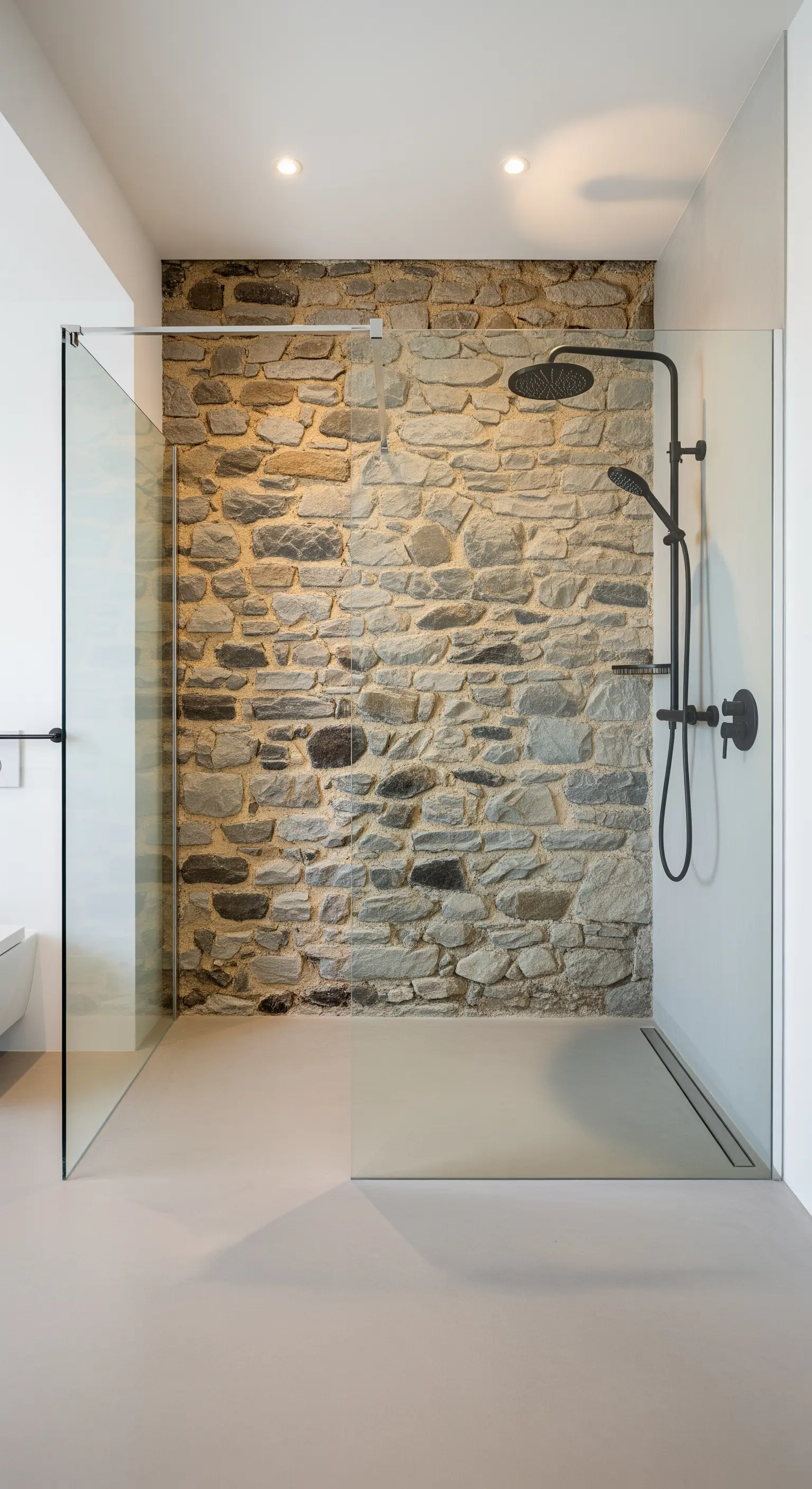 Doccia walk-in con parete di fondo in pietra a vista e rubinetteria nera.