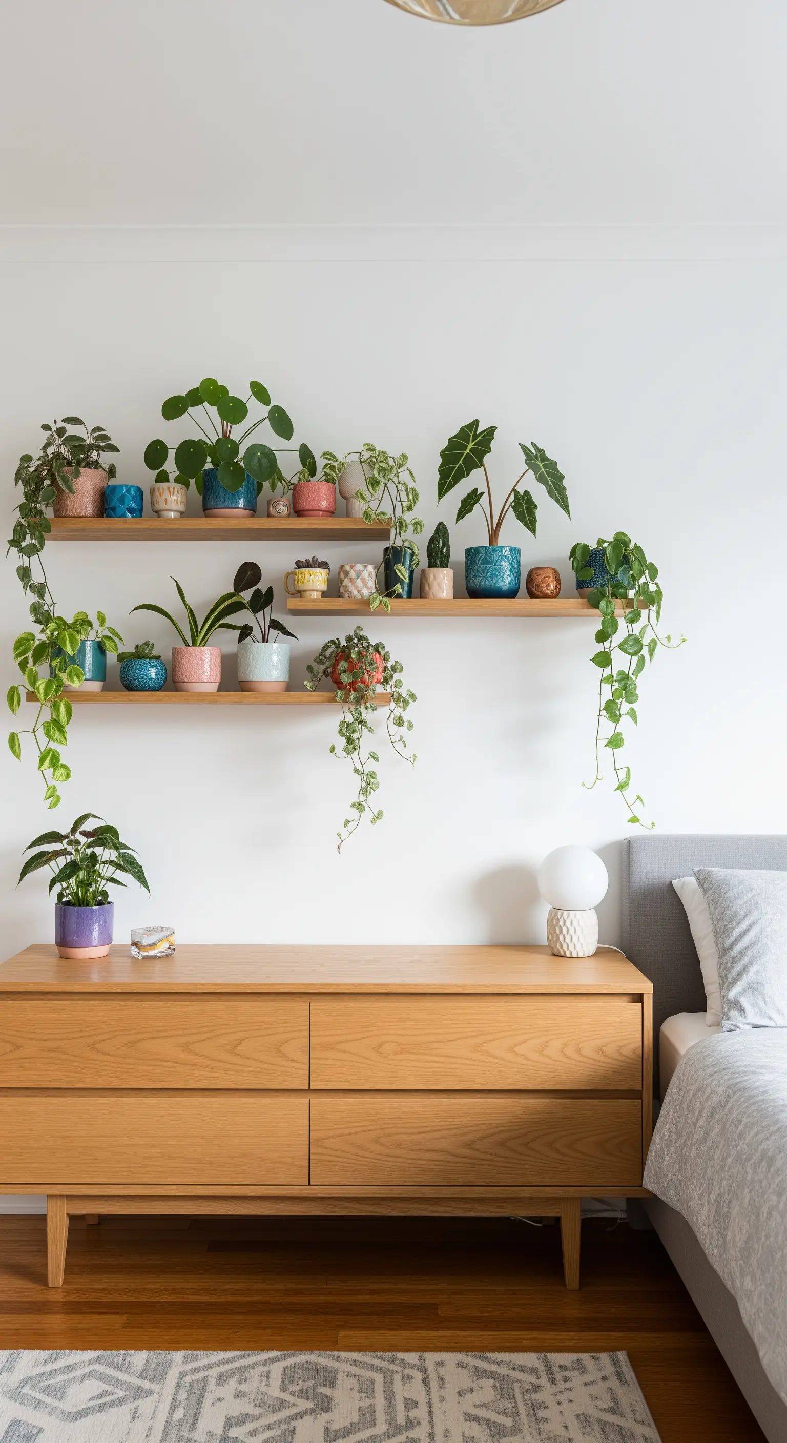 Due mensole in legno sopra un comò, piene di piccole piante in vasi colorati.