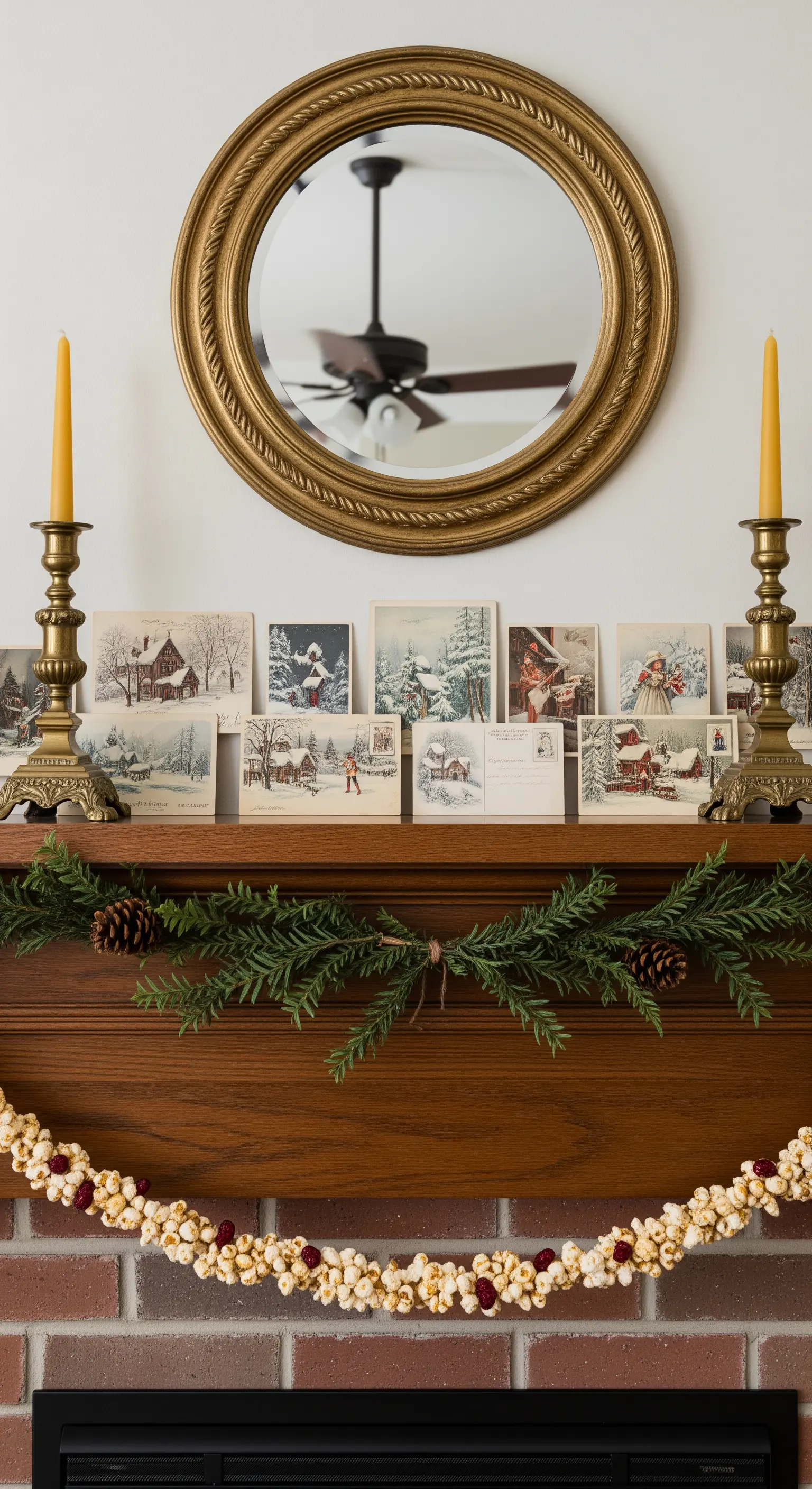 Mensola del camino decorata con cartoline vintage, candelabri e ghirlanda di popcorn.